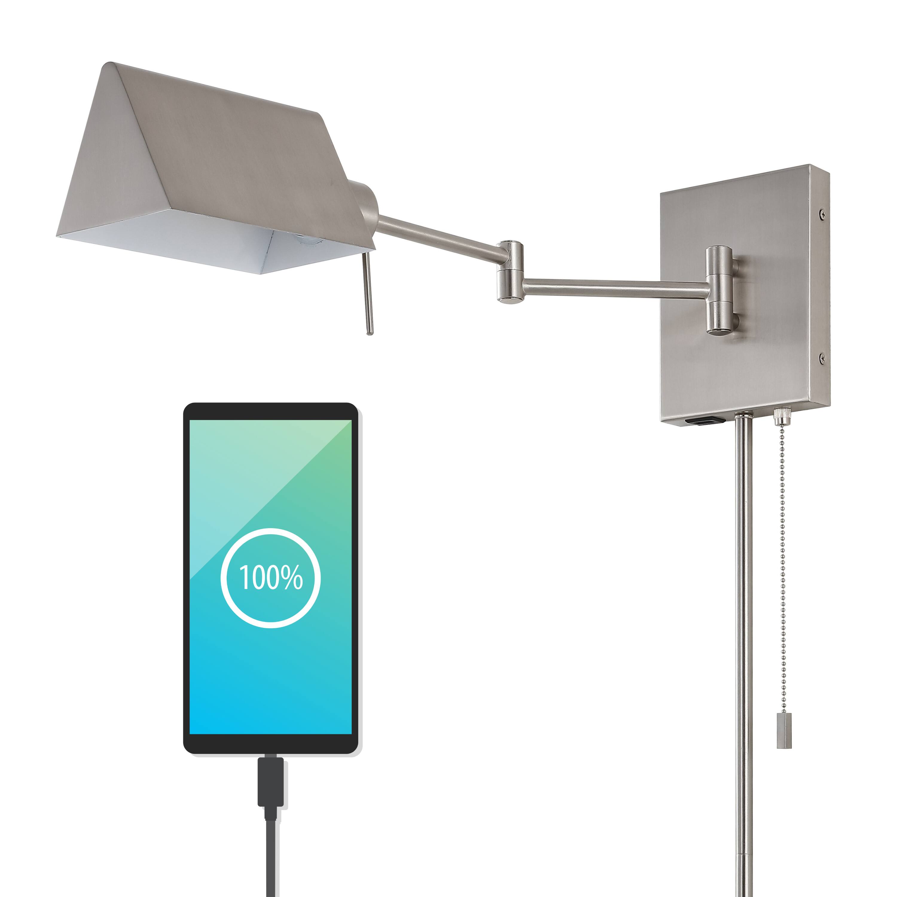 Alt View 6. Jonathan Y - Arlo 22" Single Swing Arm Plug-In or Hardwired Iron LED Wall Sconce with Pull-Chain USB Charging Port, Nickel - Nickel.