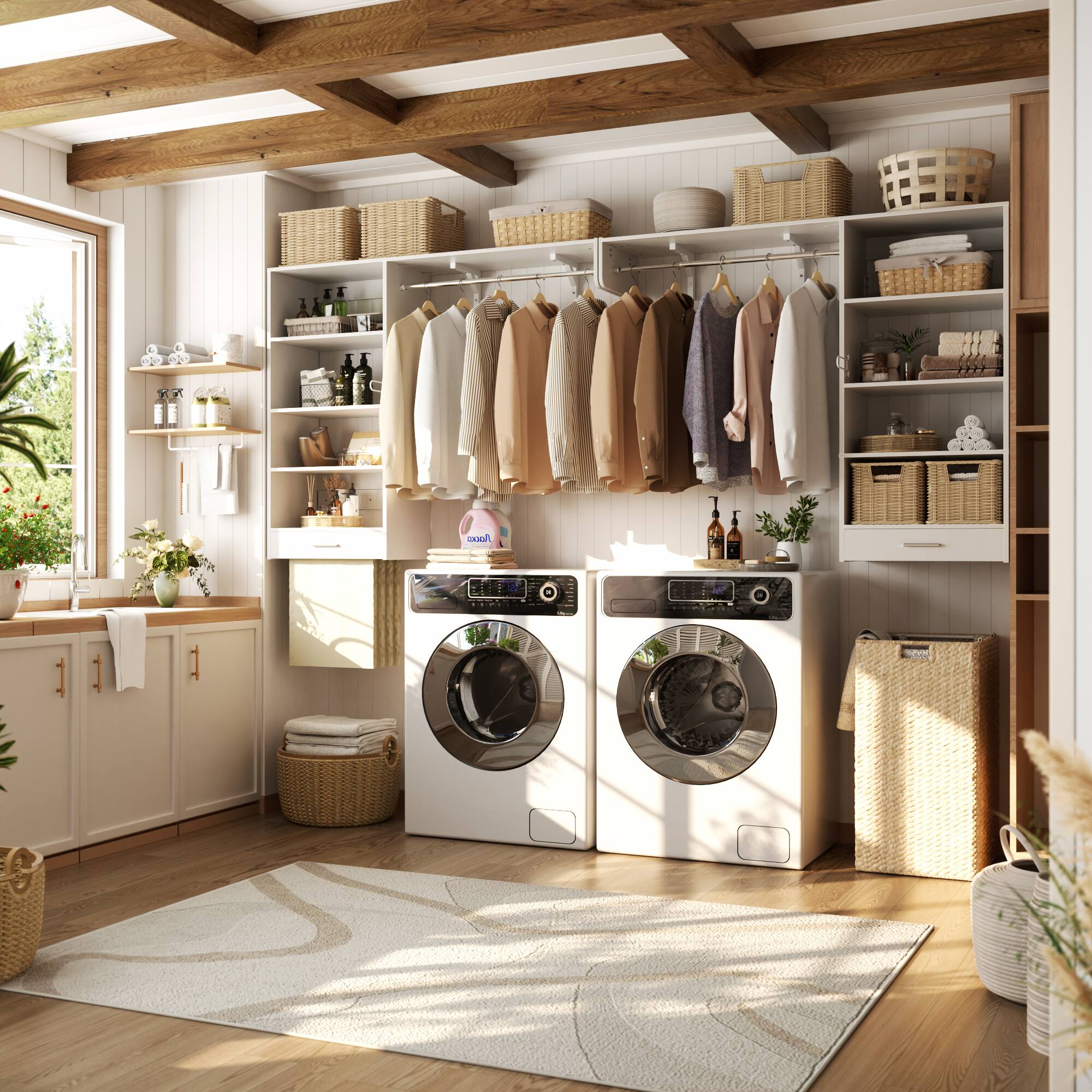 Angle. Aheaplus - 5FT Reversible Wall Laundry Organizer Cabinet with Hanging Rod and Open Storage Shelves - White.