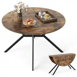 Gymax - Folding Dining Table 47'' Extendable Round Kitchen Table w/Drop Leaves for Home - Brown