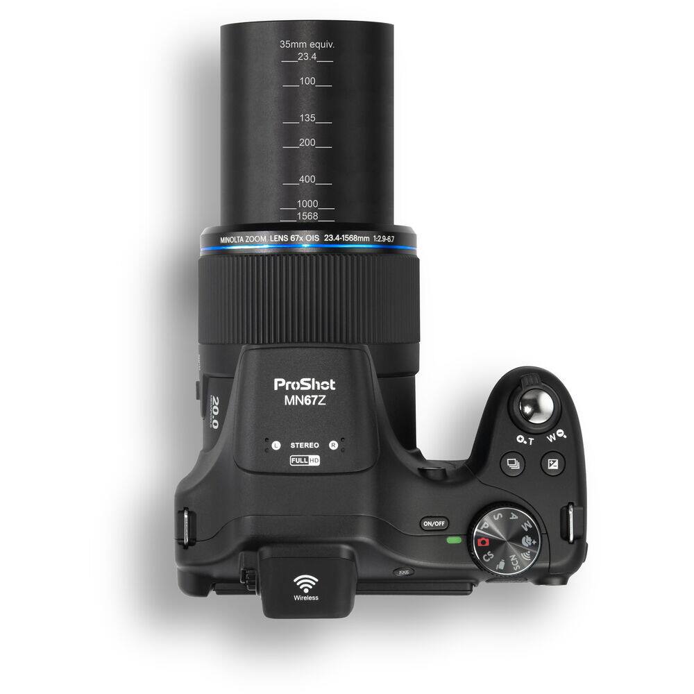 35mm equiv.  
23.4  
100  
135  
200  
400  
1000  
1568  

MINOLTA ZOOM LENS 67x OIS 23.4-1568mm 129-67  

ProShot MN67Z  

STEREO  
FULL HD  

ON/OFF  
S A P M  
FUM CS SCN  

Wireless  

Q.T  
W