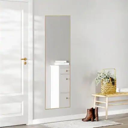 Front. AENKYO - 59"x16" Full Length Mirror Wall Mirror with Stand and Aluminum Alloy Thin Frame - Gold.