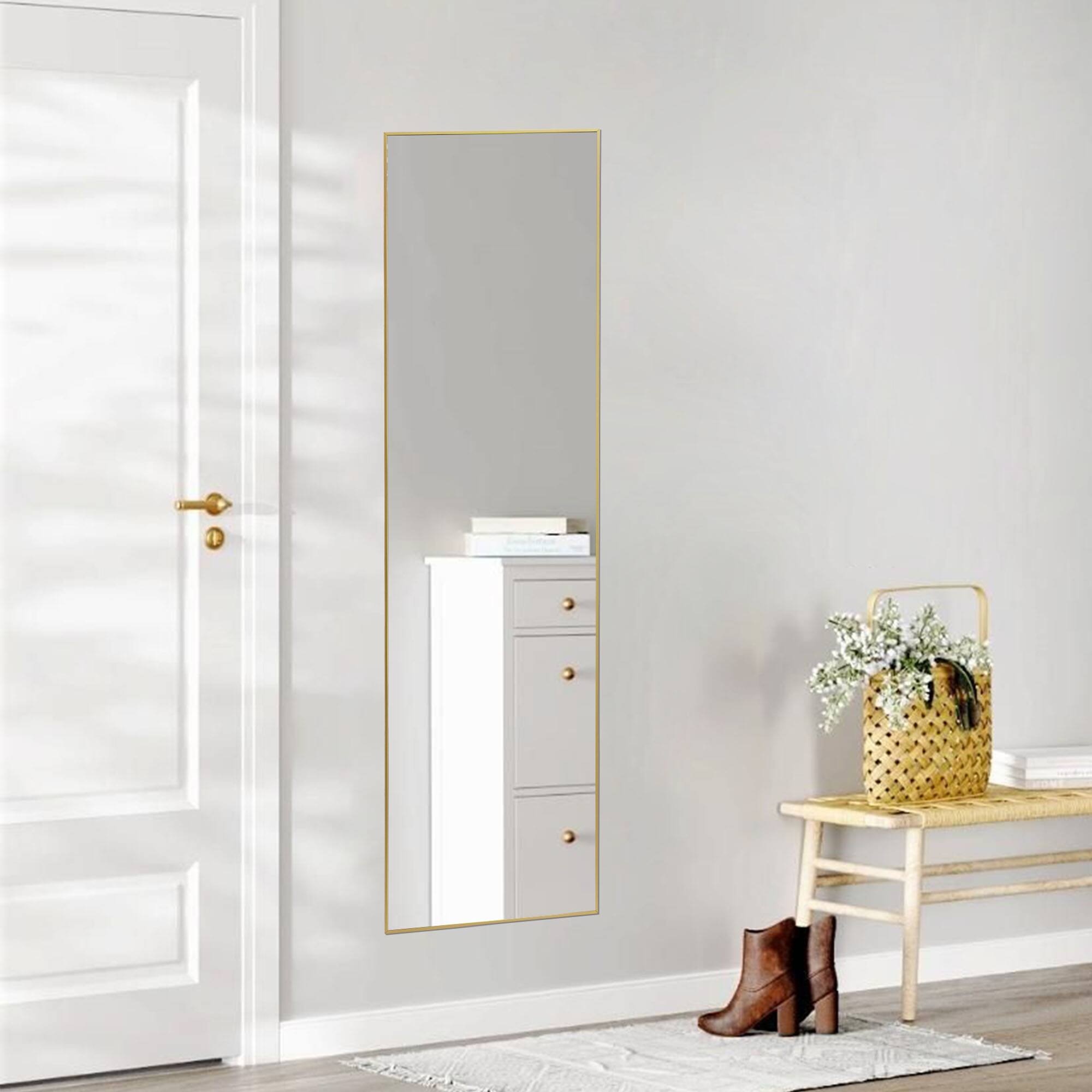 Front. AENKYO - 59"x16" Full Length Mirror Wall Mirror with Stand and Aluminum Alloy Thin Frame - Gold.