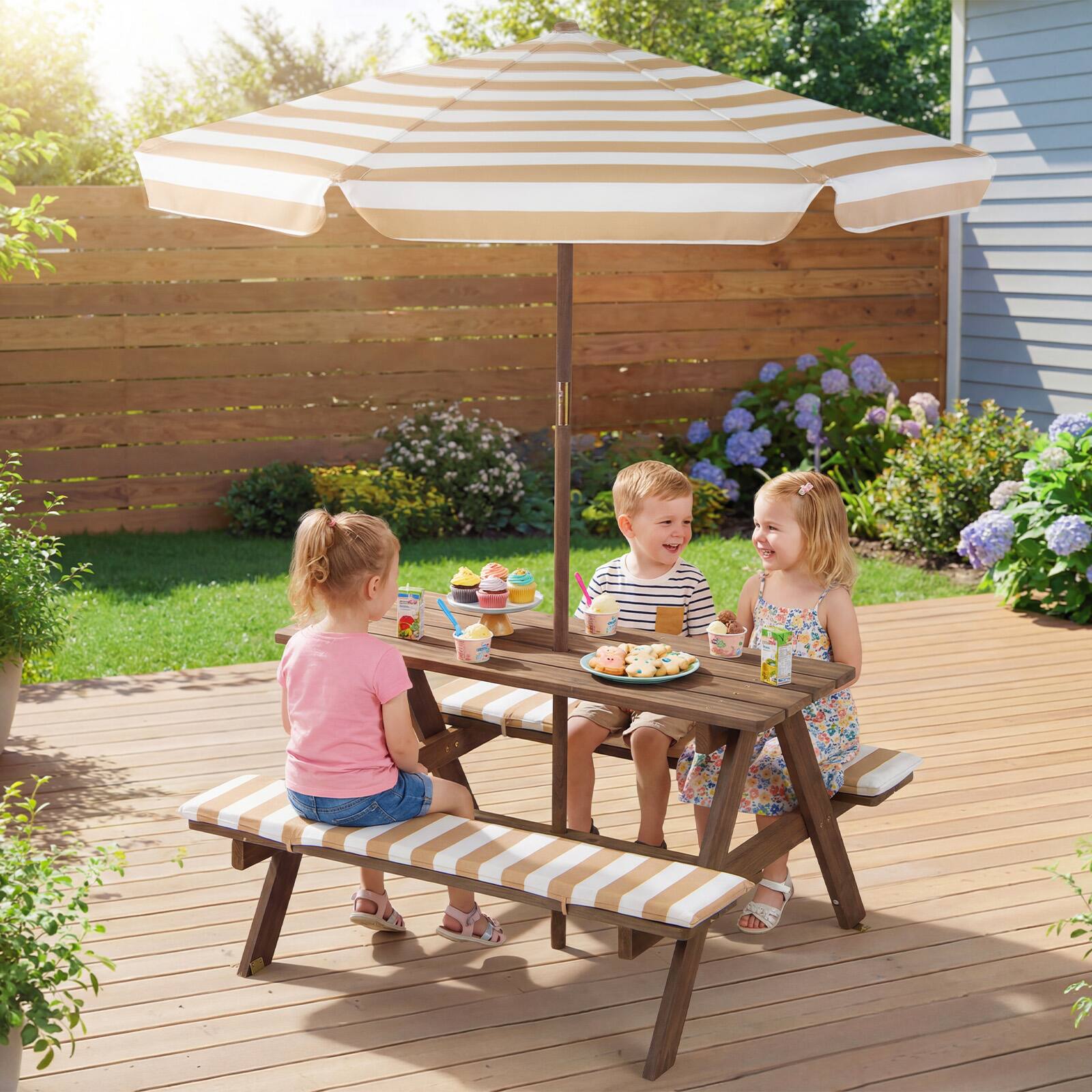 Alt View 1. Gymax - Gymax Kids Picnic Table w/Bench Seat Cushions Removable & Adjustable Umbrella for Yard Coffee & White - Brown.