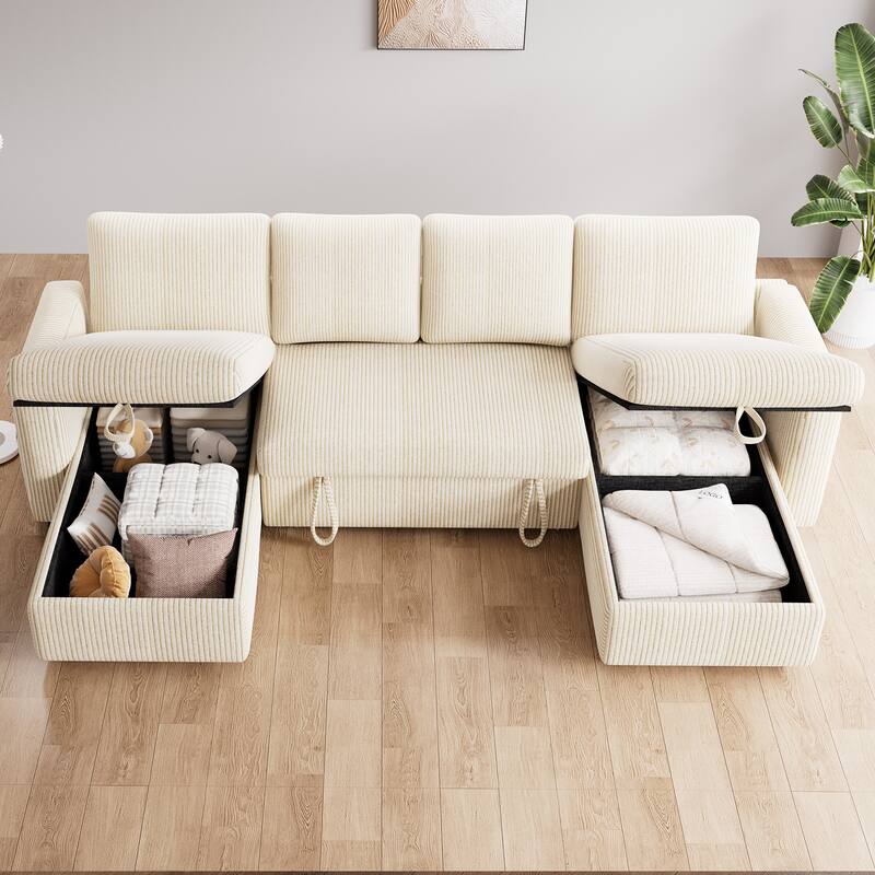Alt View 2. Vipbear - Vipbear 81" L Shaped Pull Out Couches for Living Room with Storage Chaise, USB Port&Cupholder - Beige.