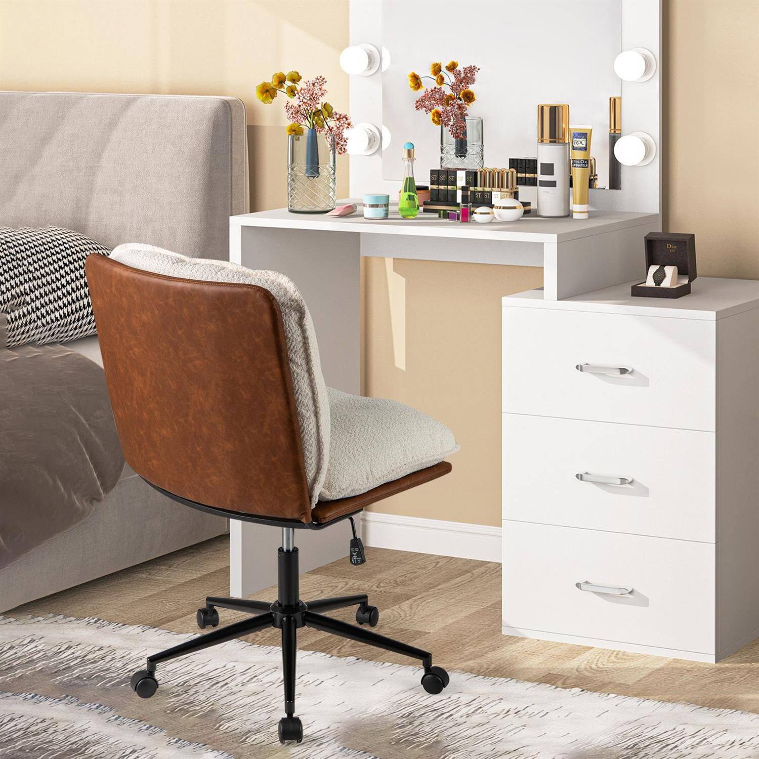 Angle. Pefilos - Armless Home Office Chair, Rocking Backrest, Adjustable Seat Height, PU Leather, Thick Cushion - White.