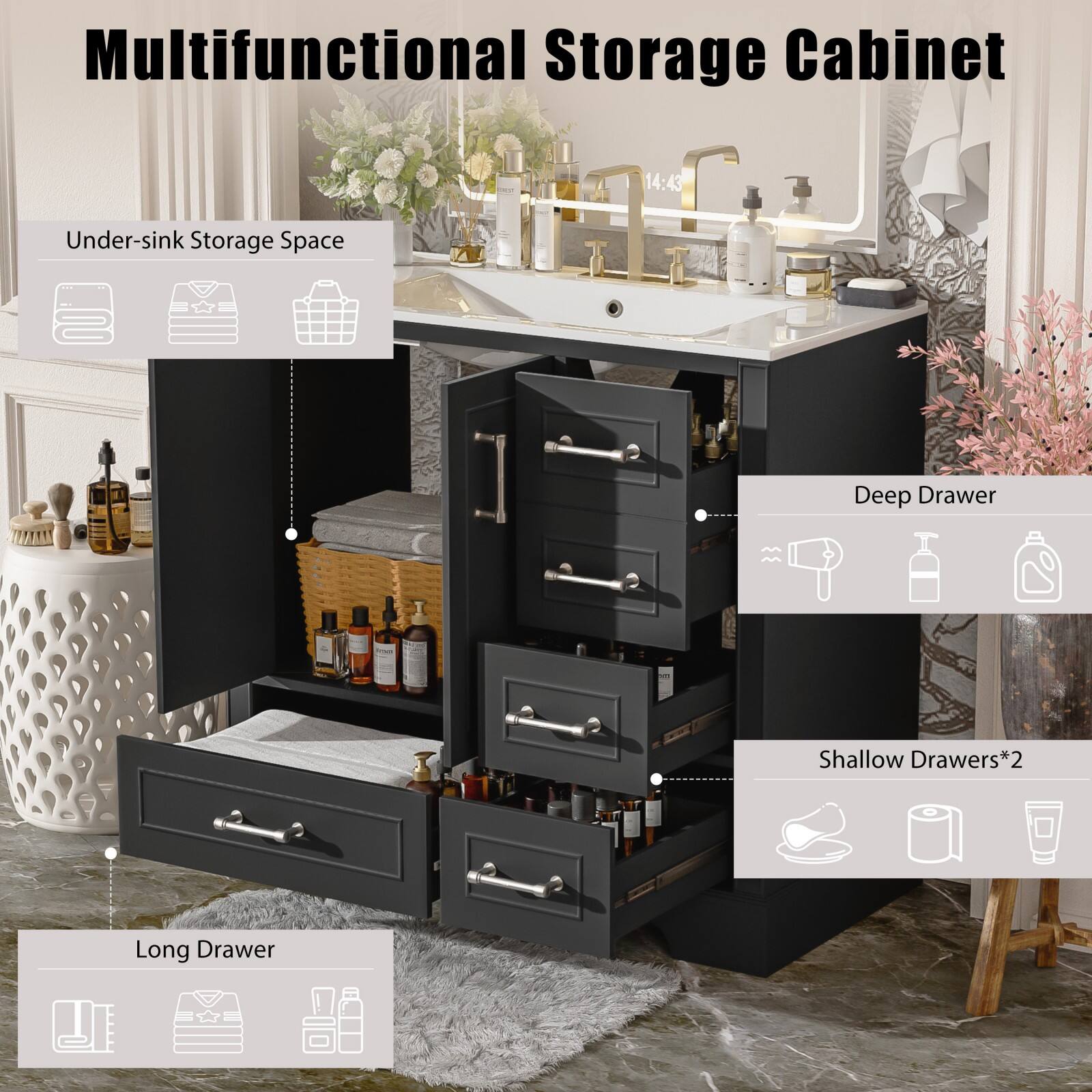 Multifunctional Storage Cabinet

- Under-sink Storage Space
- Deep Drawer
- Shallow Drawers*2
- Long Drawer