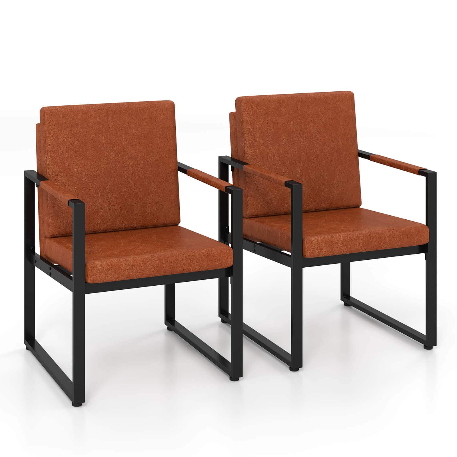 Costway - Accent Chair Set of 2, Mid Century Single Sofa Chairswith PU upholstered Cushions - Brown + Black