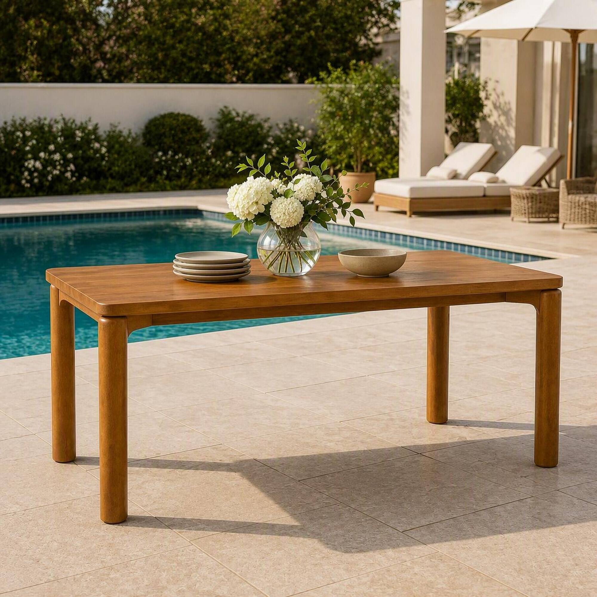 Alt View 1. RYHNUYNE - 70.28" Rubber Wood Dining Table, Walnut  Finish Rectangular Kitchen Table With Round Thick Legs for Outdoor - Walnut.