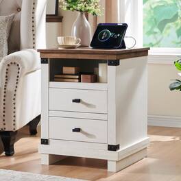GARVEE - Farmhouse Nightstand with Charging Station, 18" Rustic Night Stand with 2 Storage Drawers, Antique 1pcs - White