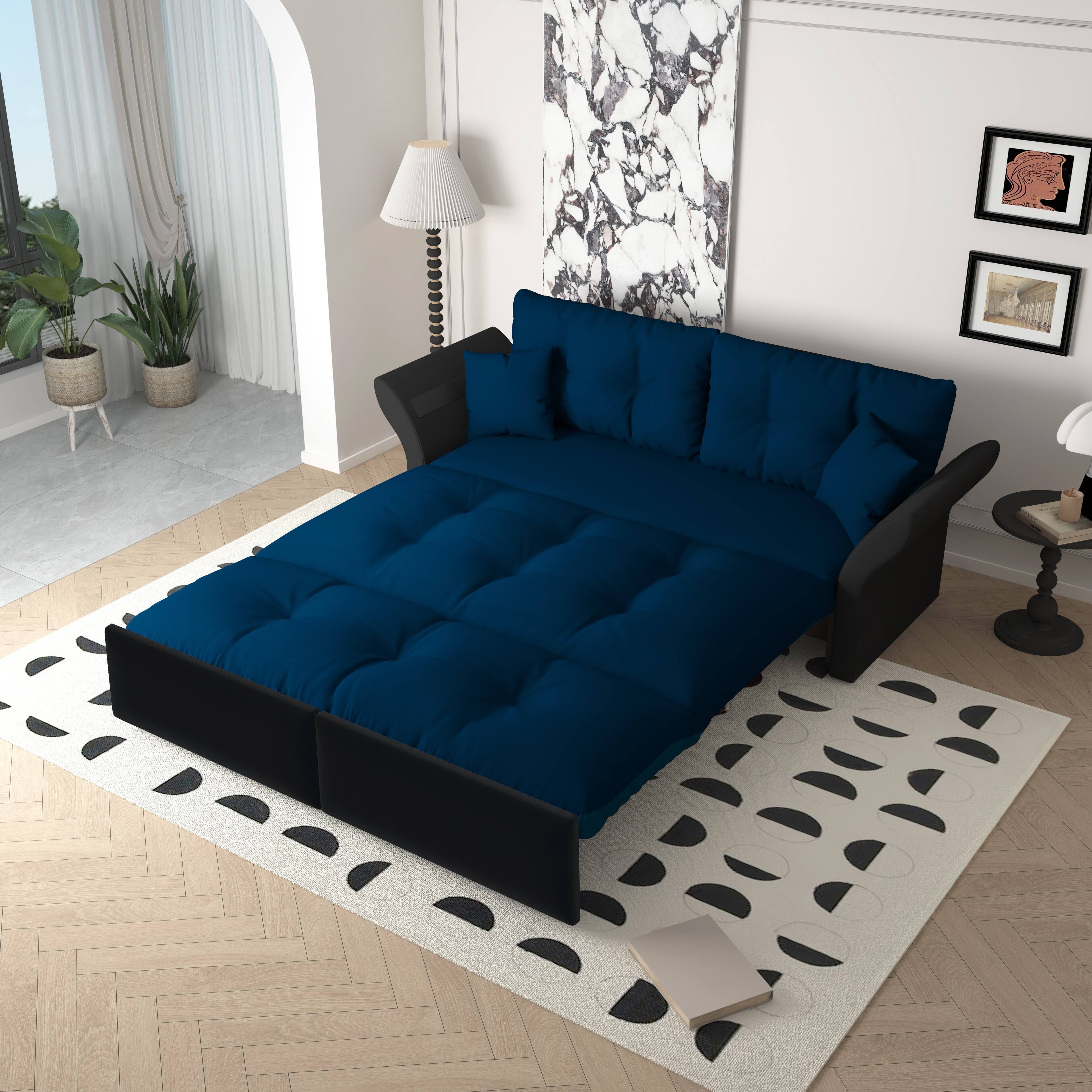 Angle. Anysun - Queen 3-in-1 Pull Out Sofa Bed - Tufted Velvet Design, Includes 2 Pillows, Multi-Functional Loveseat. - Blue.
