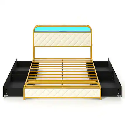 Front. Kadyn - Platform Bed Frame, Bedroom Bed Frame,Twin/Full/Queen Size Bed Frame with LED Lights and Charging Station Gold-Full Size - Gold.