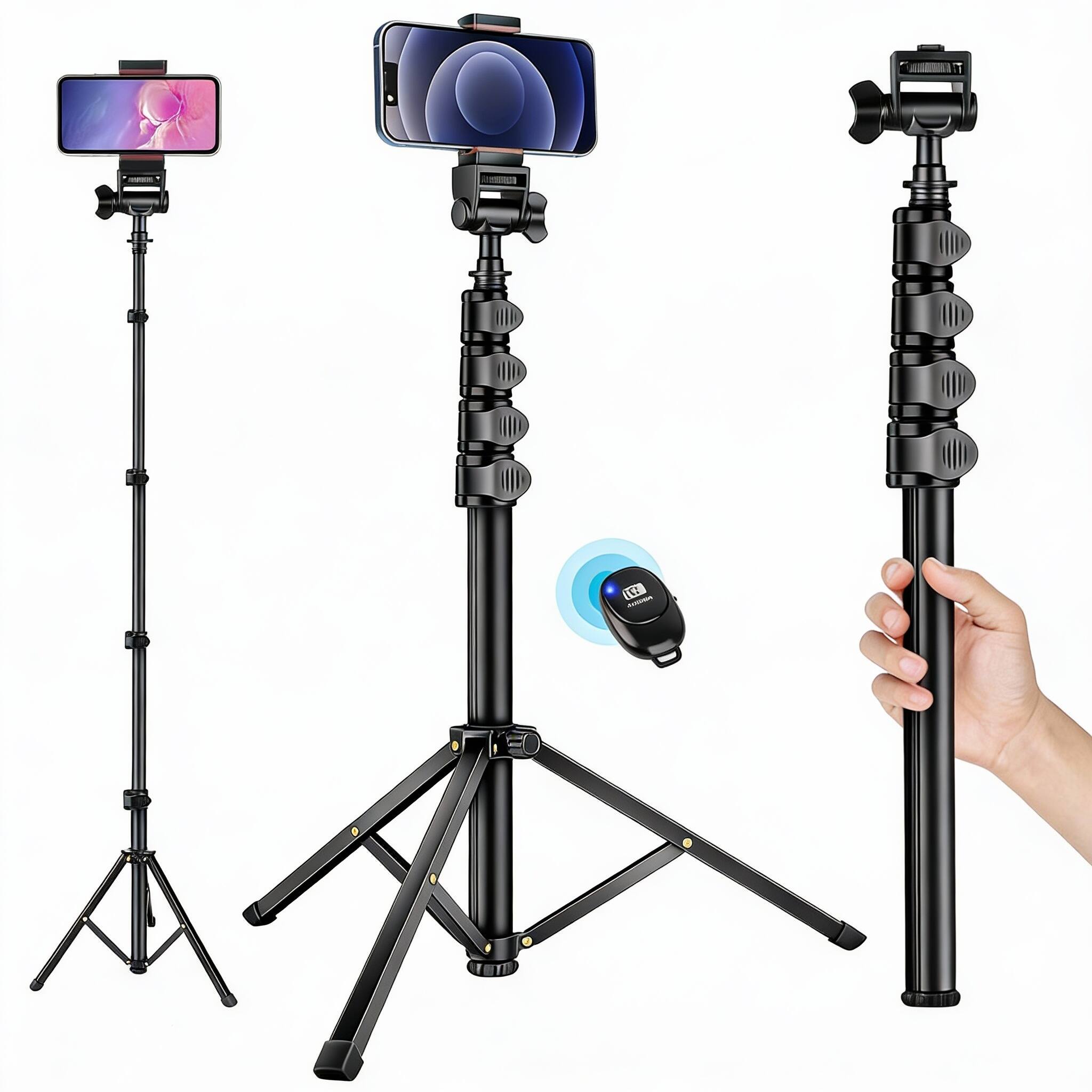Back. OMOMMD - Phone Tripod Selfie Stick Cellphone Aluminum Tripods Stand For Video Photo Vlog Travel With Gooseneck Remot... - Black.