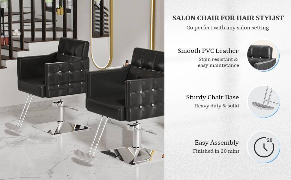 SALON CHAIR FOR HAIR STYLIST  
Go perfect with any salon setting  

Smooth PVC Leather  
Stain resistant & easy maintenance  

Sturdy Chair Base  
Heavy duty & solid  

Easy Assembly  
Finished in 20 mins