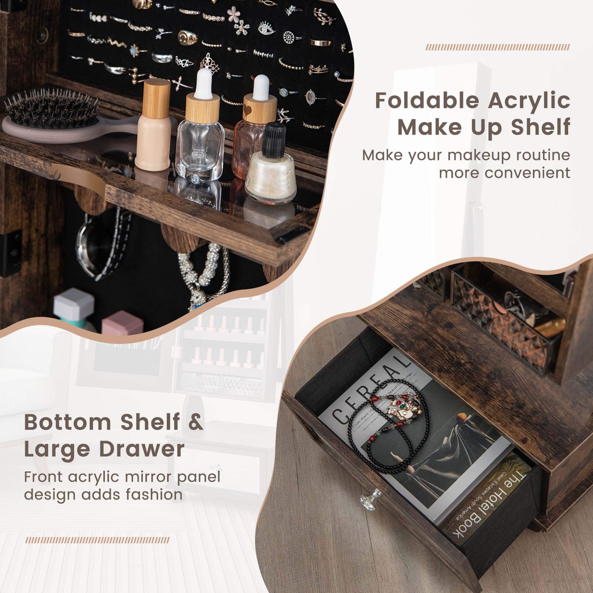 The image features a makeup shelf with a foldable acrylic design that makes it more convenient for users. The shelf has a bottom shelf and a large drawer, both of which are made of acrylic. The front acrylic mirror panel adds a touch of fashion to the shelf. Additionally, there is a book titled "Cereal" placed on the shelf, and a bottle is visible nearby. The shelf is located in a room with a bed, and a hairbrush can be seen on the shelf as well.