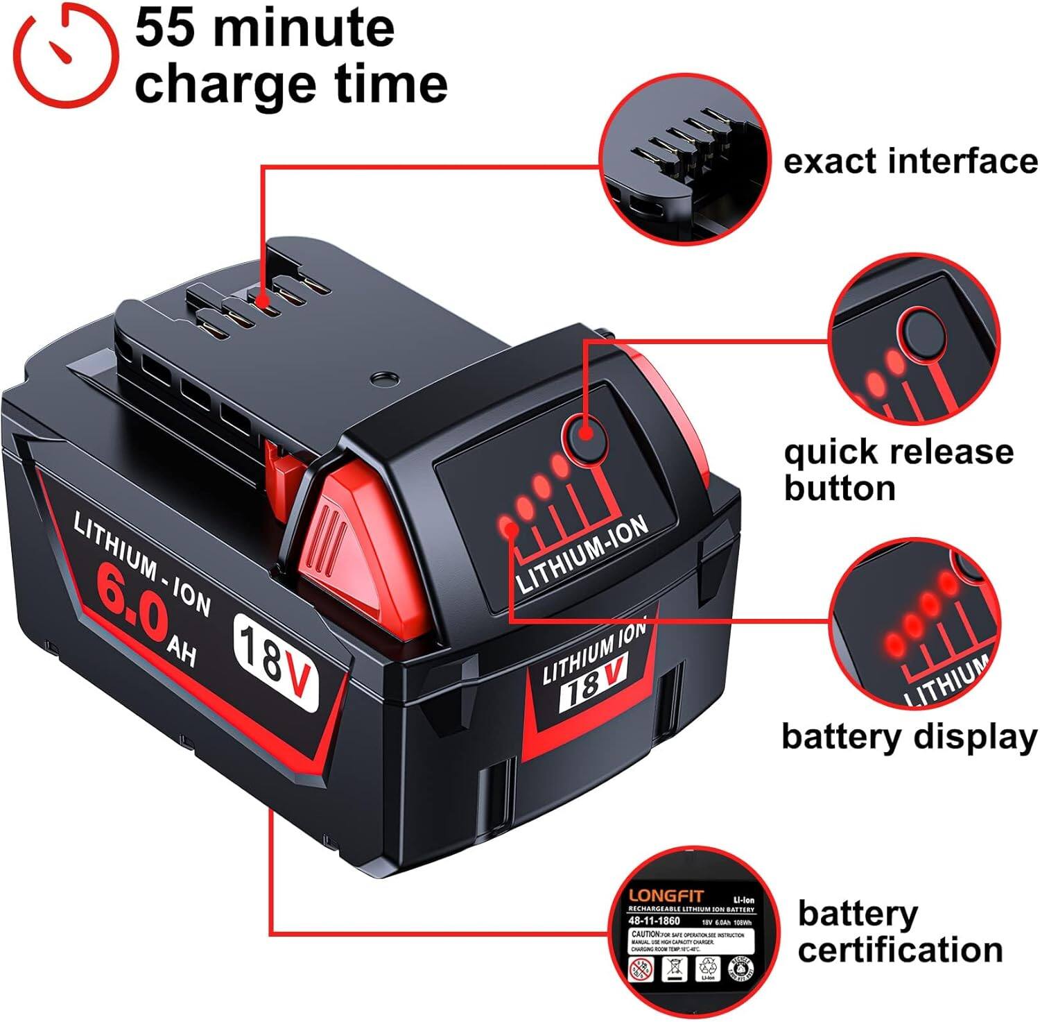 55 minute charge time  
exact interface  
LITHIUM-ION 6.0 AH 18V  
LITHIUM-ION  
quick release button  
battery display  
battery certification