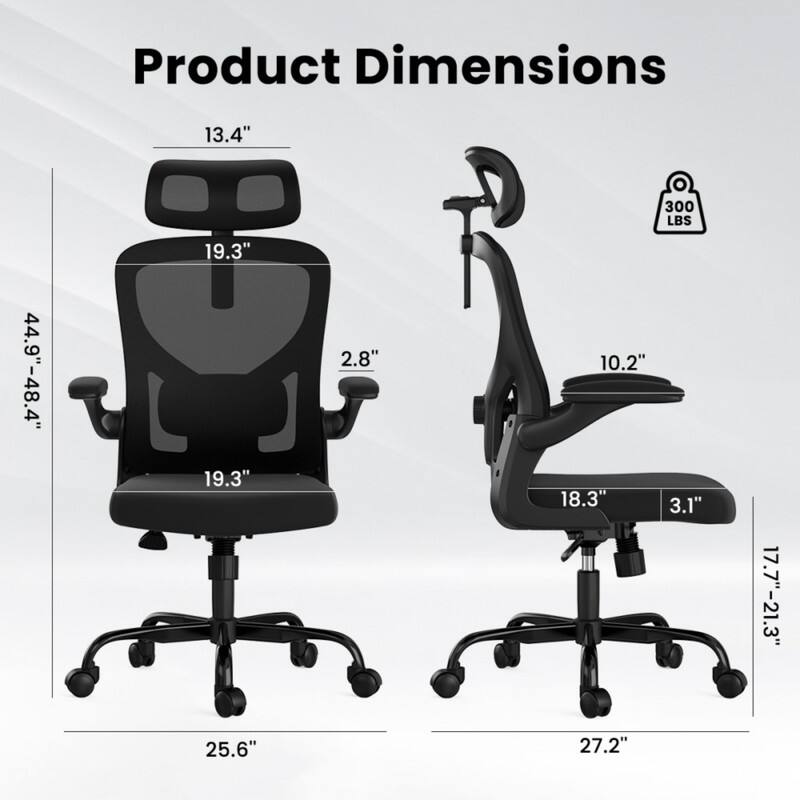Product Dimensions  
- Height: 44.9" - 48.4"  
- Width: 19.3"  
- Depth: 19.3"  
- Seat Height: 2.8"  
- Back Height: 13.4"  
- Armrest Height: 10.2"  
- Base Width: 25.6"  
- Armrest Width: 18.3"  
- Armrest Depth: 3.1"  
- Seat Depth: 17.7" - 21.3"  
- Weight Capacity: 300 LBS