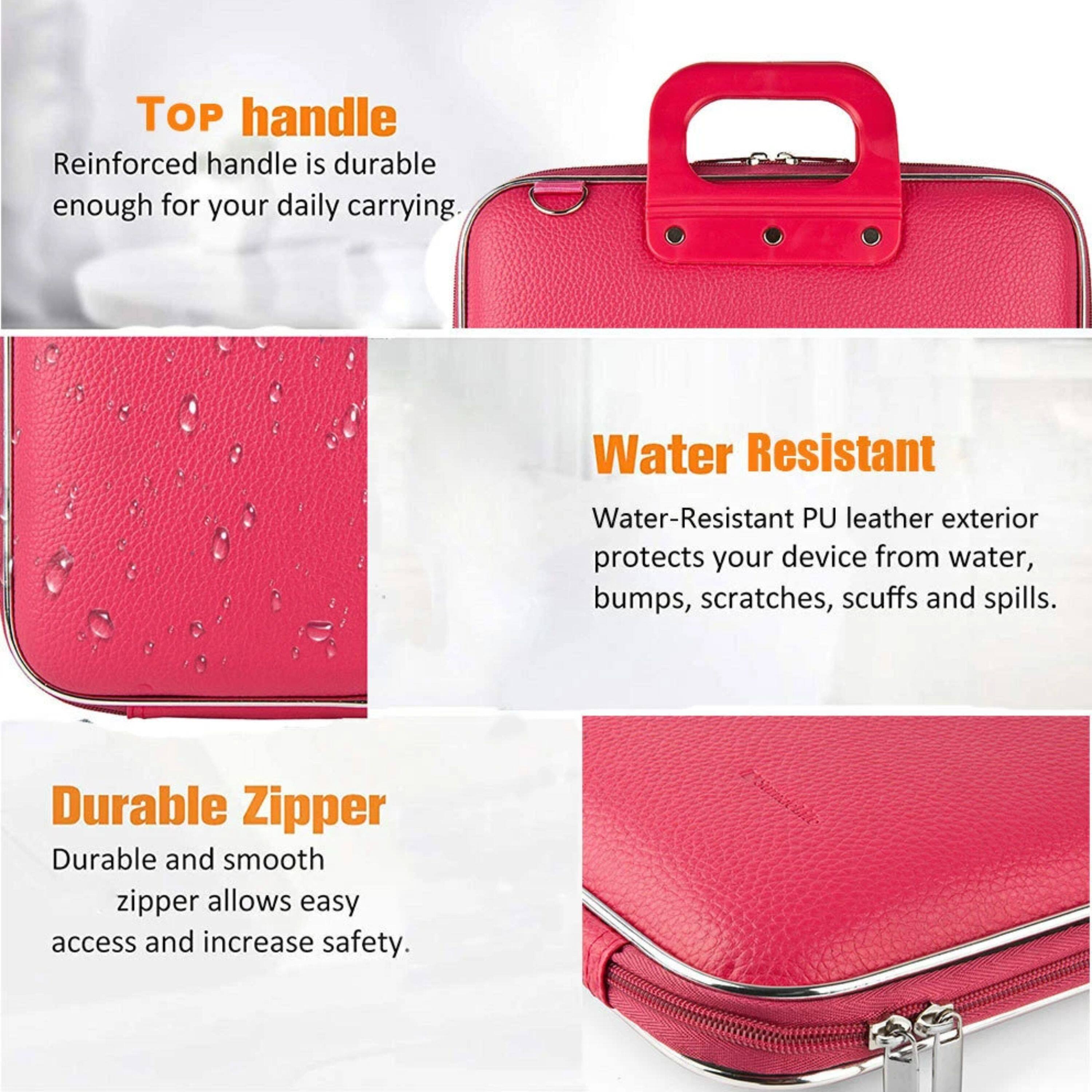 - **Top handle**
  - Reinforced handle is durable enough for your daily carrying.

- **Water Resistant**
  - Water-Resistant PU leather exterior protects your device from water, bumps, scratches, scuffs and spills.

- **Durable Zipper**
  - Durable and smooth zipper allows easy access and increase safety.