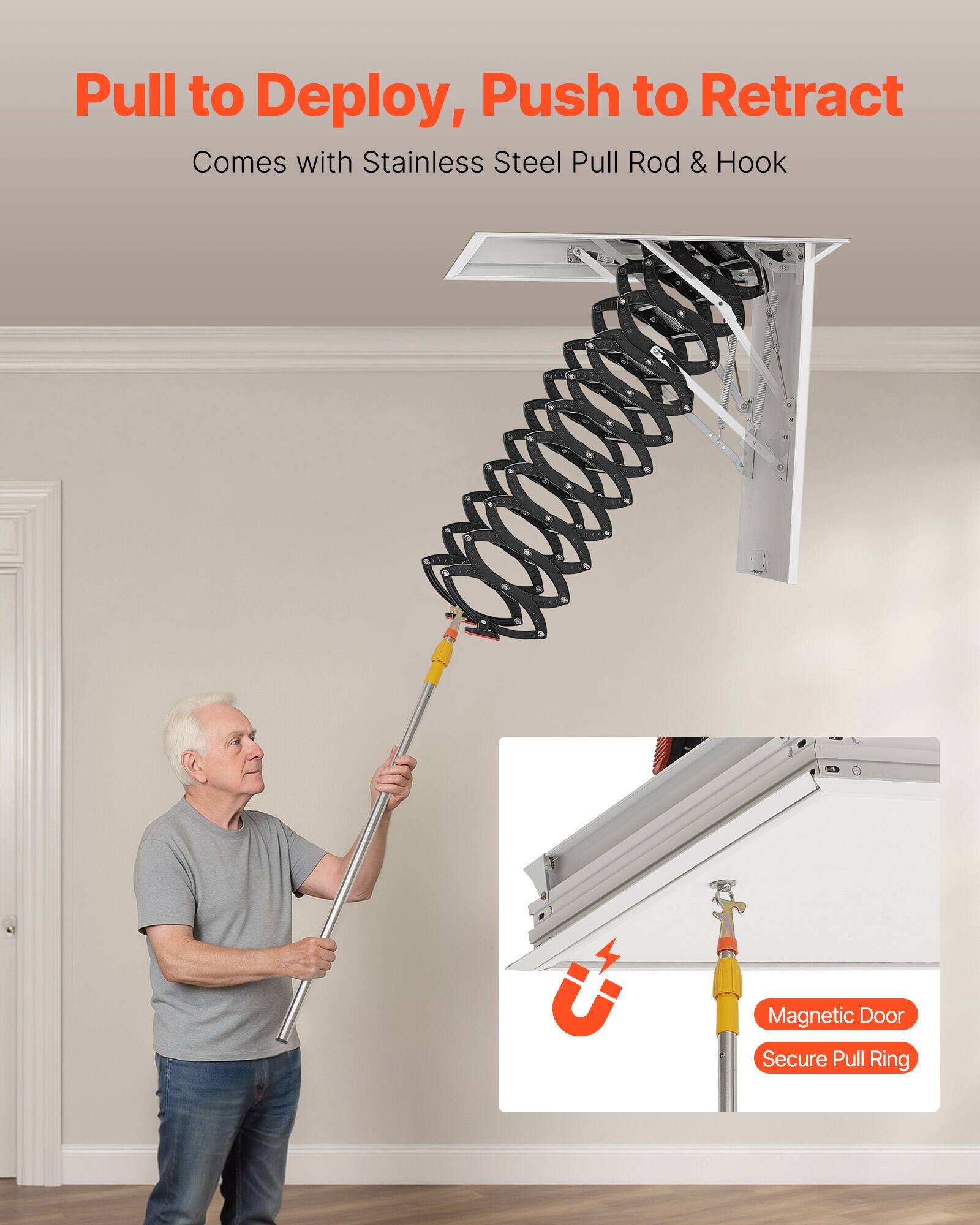 Pull to Deploy, Push to Retract  
Comes with Stainless Steel Pull Rod & Hook  

Magnetic Door Secure Pull Ring