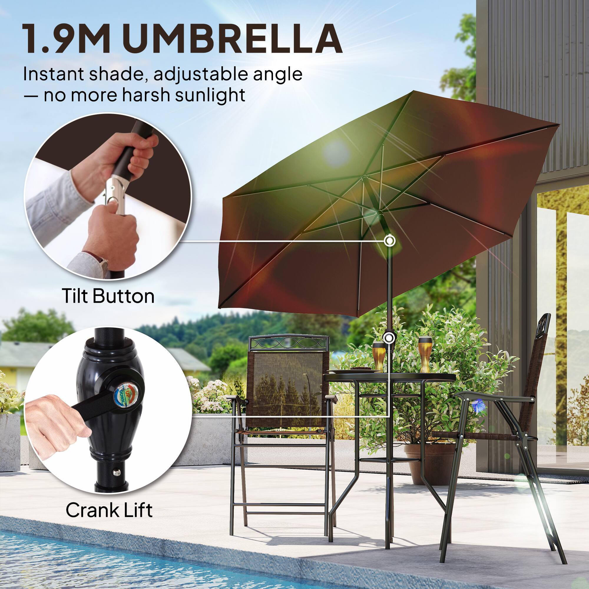 1.9M UMBRELLA  
Instant shade, adjustable angle — no more harsh sunlight  

Tilt Button  
Crank Lift