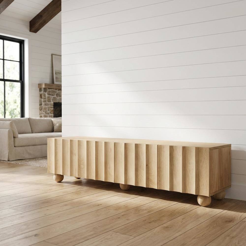 Left. FurniFact - Scalloped Wood TV Stand in Warm Finish with Open Storage Compartments - Brown.