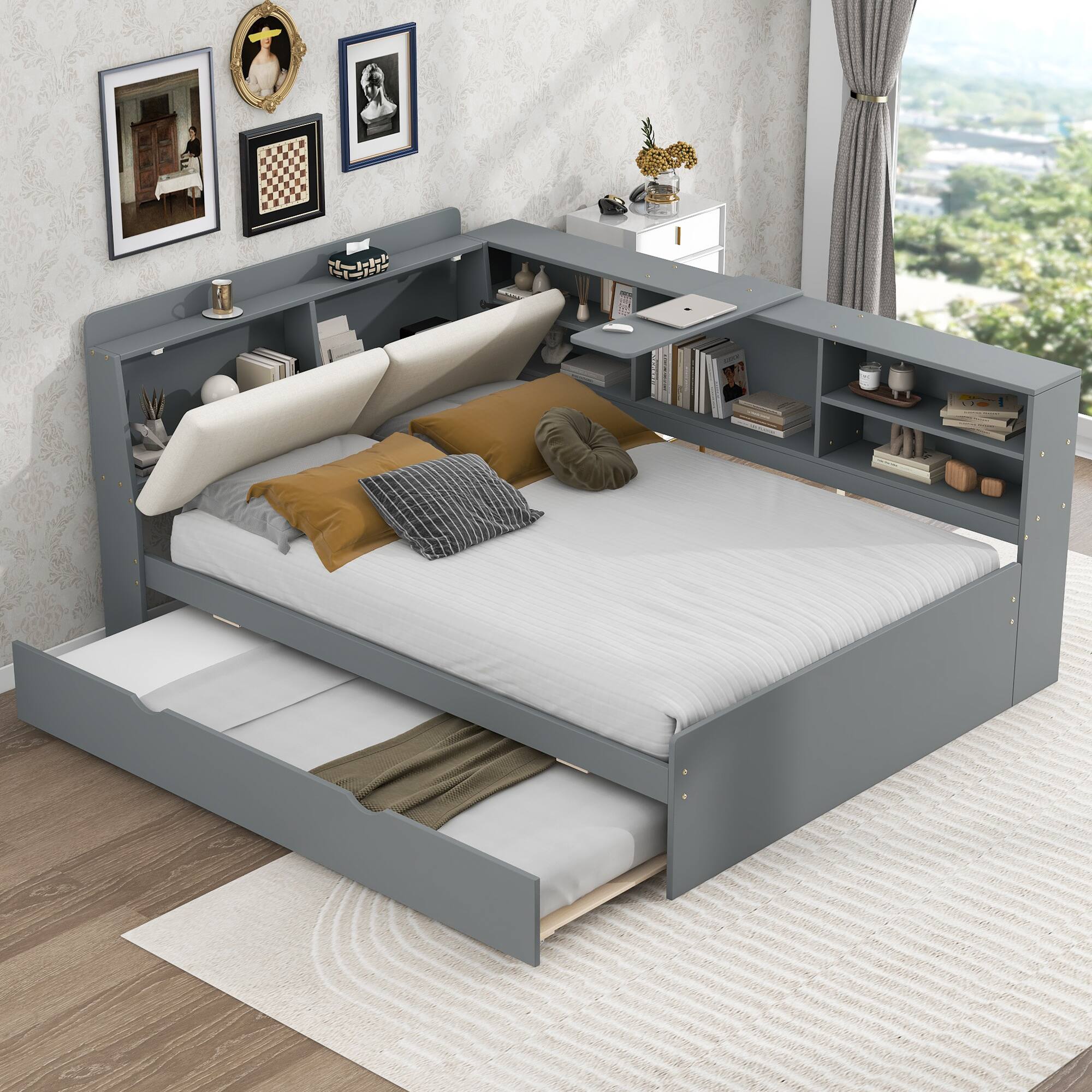 Front. Aukfa - Wood Full Size platform bed with Trundle, Shelves and Storage Headboard - Gray.