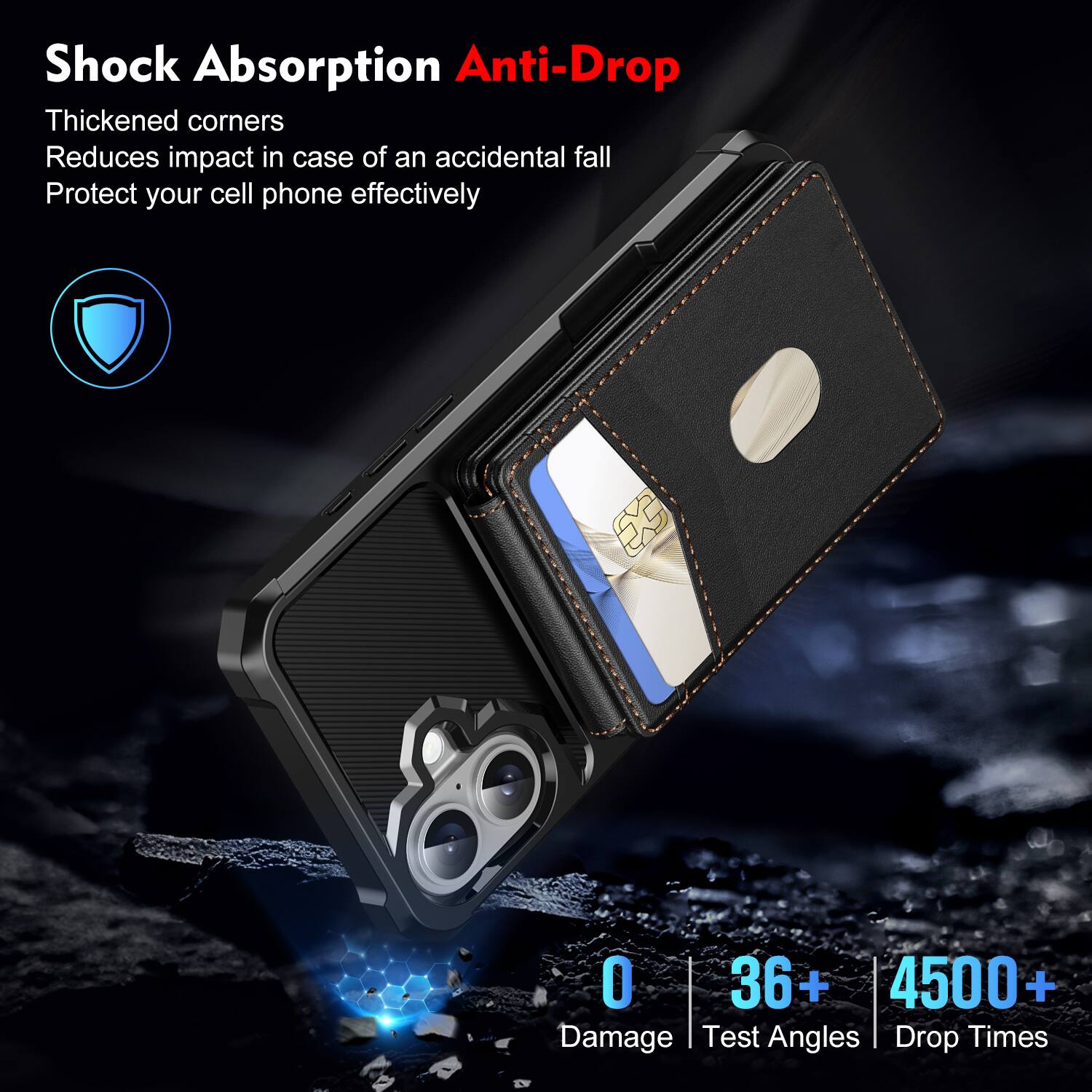 Shock Absorption Anti-Drop  
Thickened corners  
Reduces impact in case of an accidental fall  
Protect your cell phone effectively  

0 Damage  
36+ Test Angles  
4500+ Drop Times