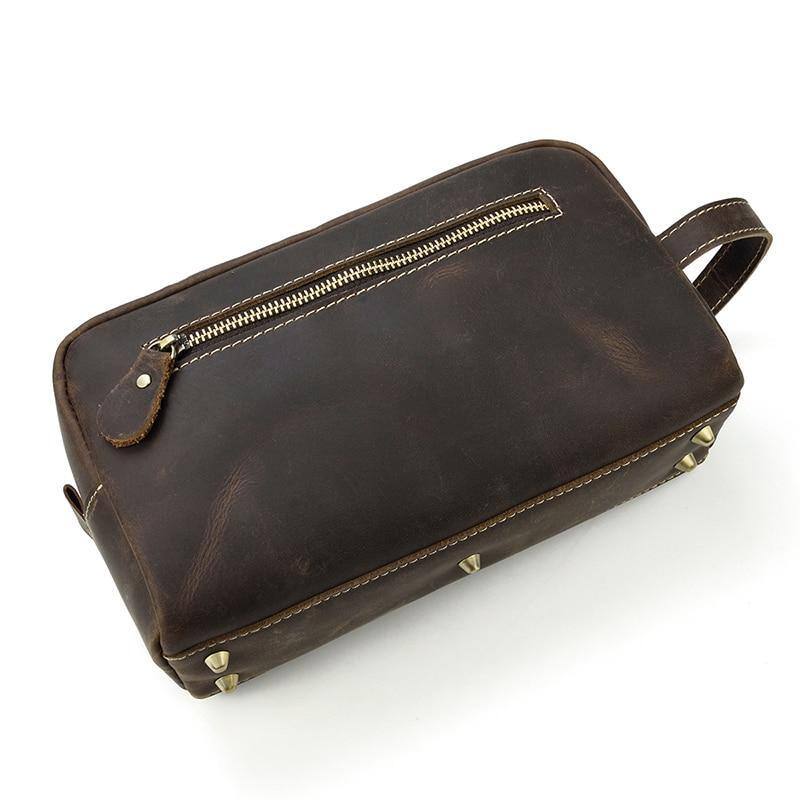 Alt View 2. Steel Horse Leather - The Wanderer Toiletry Bag | Genuine Leather Toiletry Bag - Dark Brown.