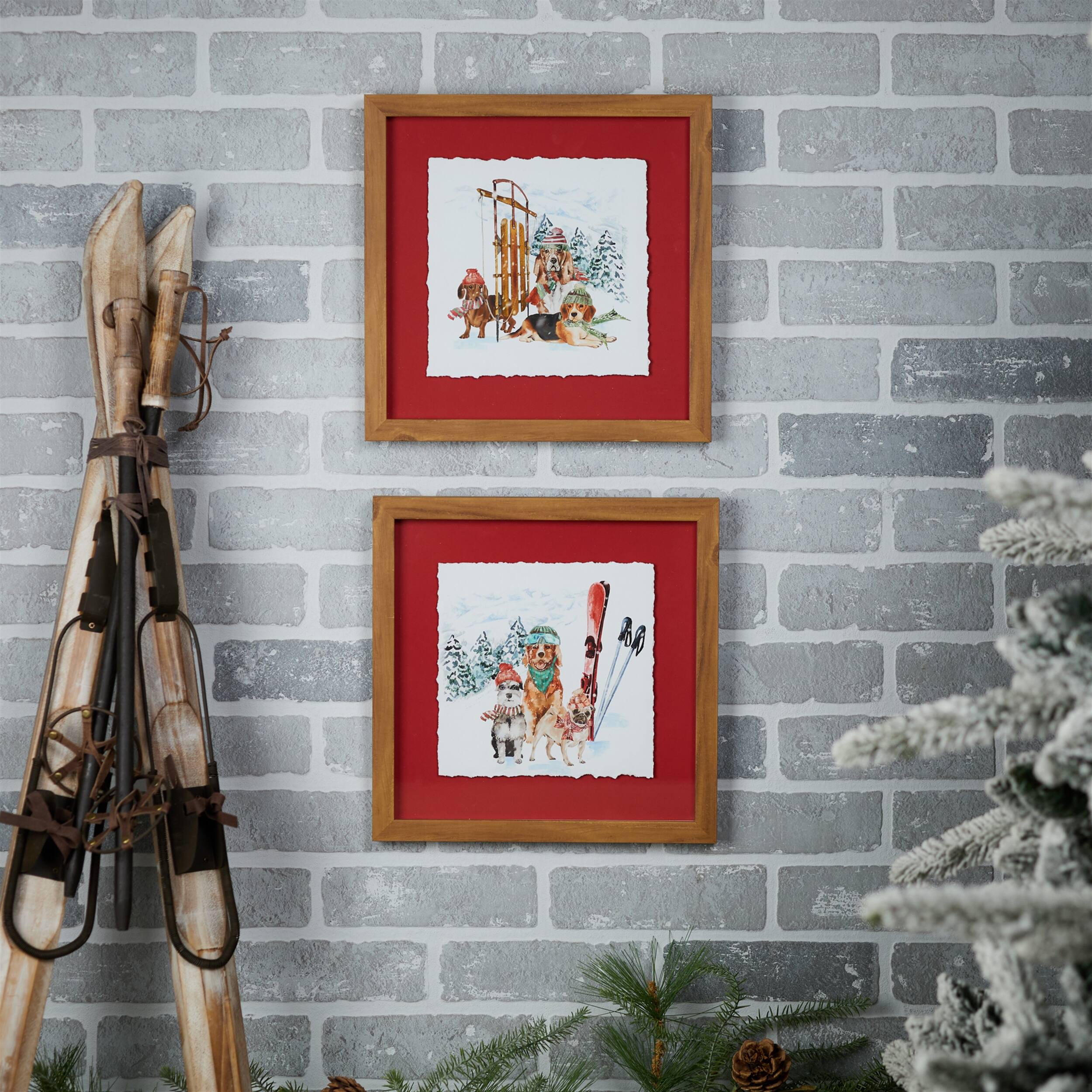 Angle. BreeBe - Framed Dog Sled and Ski Print Under Glass (Set of 2) - Red, White, Brown.