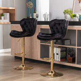 HTUTWOO - Set of 2 Bar Stools, Height Adjustable 360° Swivel Velvet Upholstered with Golden Legs, for Kitchen & Home Bar - Black