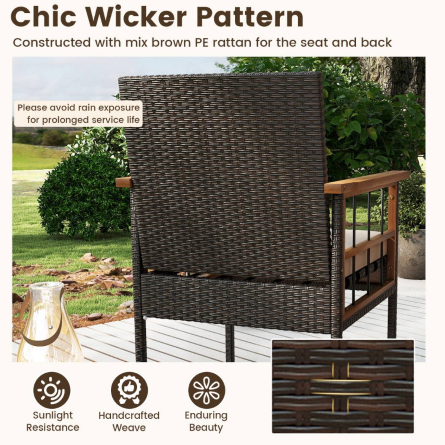 Chic Wicker Pattern  
Constructed with mix brown PE rattan for the seat and back  

Please avoid rain exposure for prolonged service life  

Sunlight Resistance  
Handcrafted Weave  
Enduring Beauty