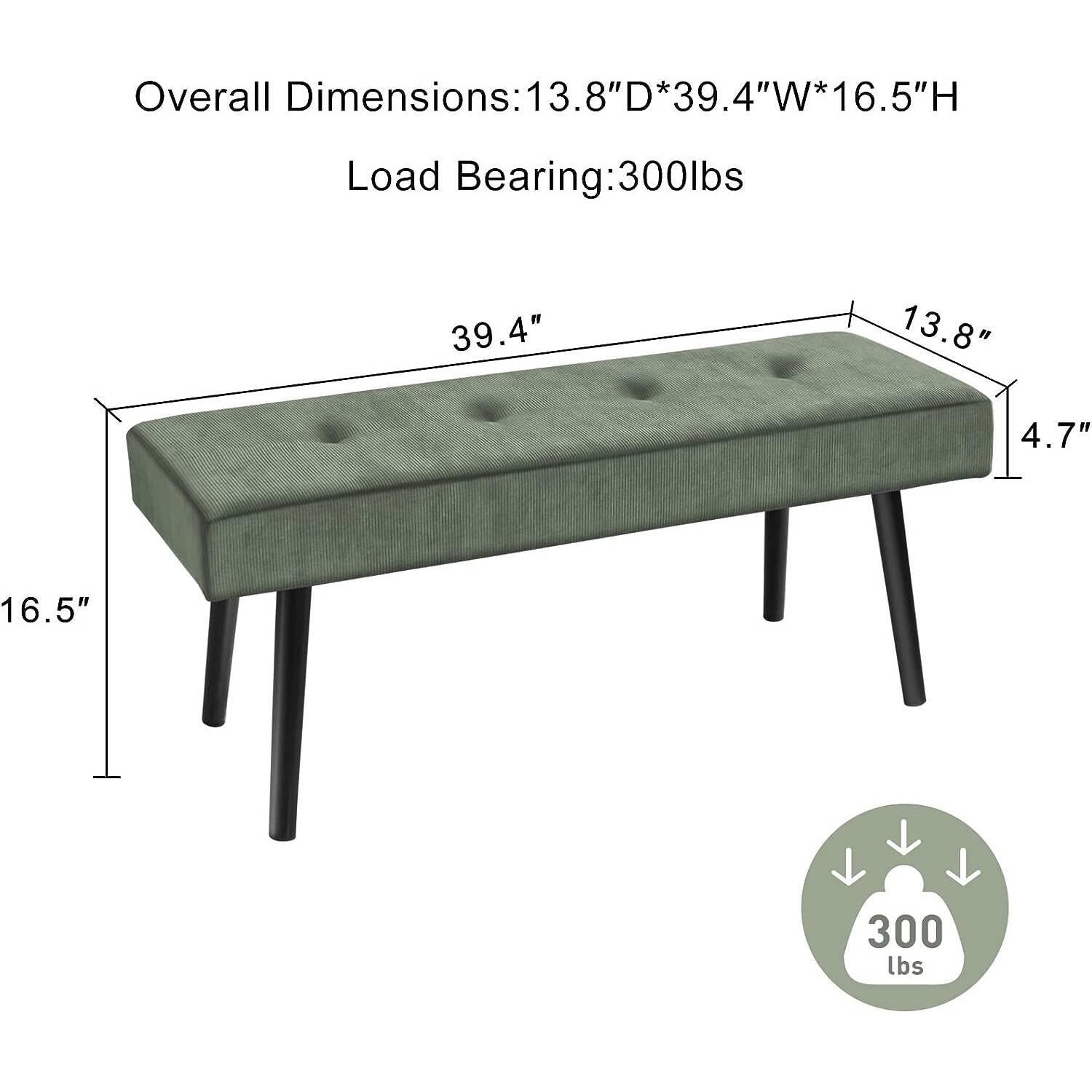 Overall Dimensions: 13.8" D x 39.4" W x 16.5" H  
Load Bearing: 300 lbs