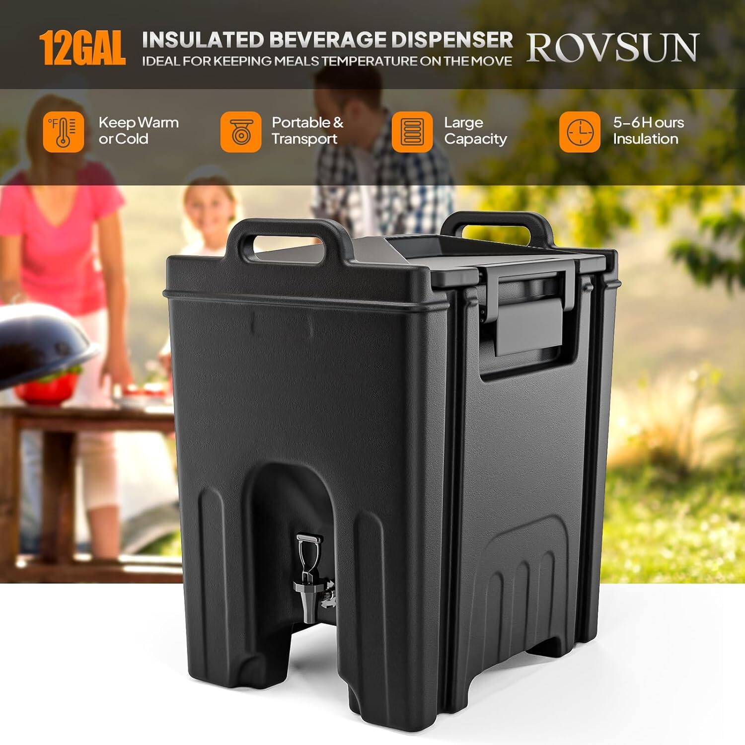 12GAL INSULATED BEVERAGE DISPENSER ROVSUN  
IDEAL FOR KEEPING MEALS TEMPERATURE ON THE MOVE  

- Keep Warm or Cold  
- Portable & Transport  
- Large Capacity  
- 5-6 Hours Insulation