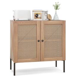 Costway - Rattan Buffet Sideboard Cabinet Cupboard w/ Adjustable Shelf - Oak