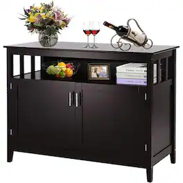 Hivvago - Wood 2-Door Dining Buffet Sideboard Cabinet with Open Storage Shelf - Dark Brown