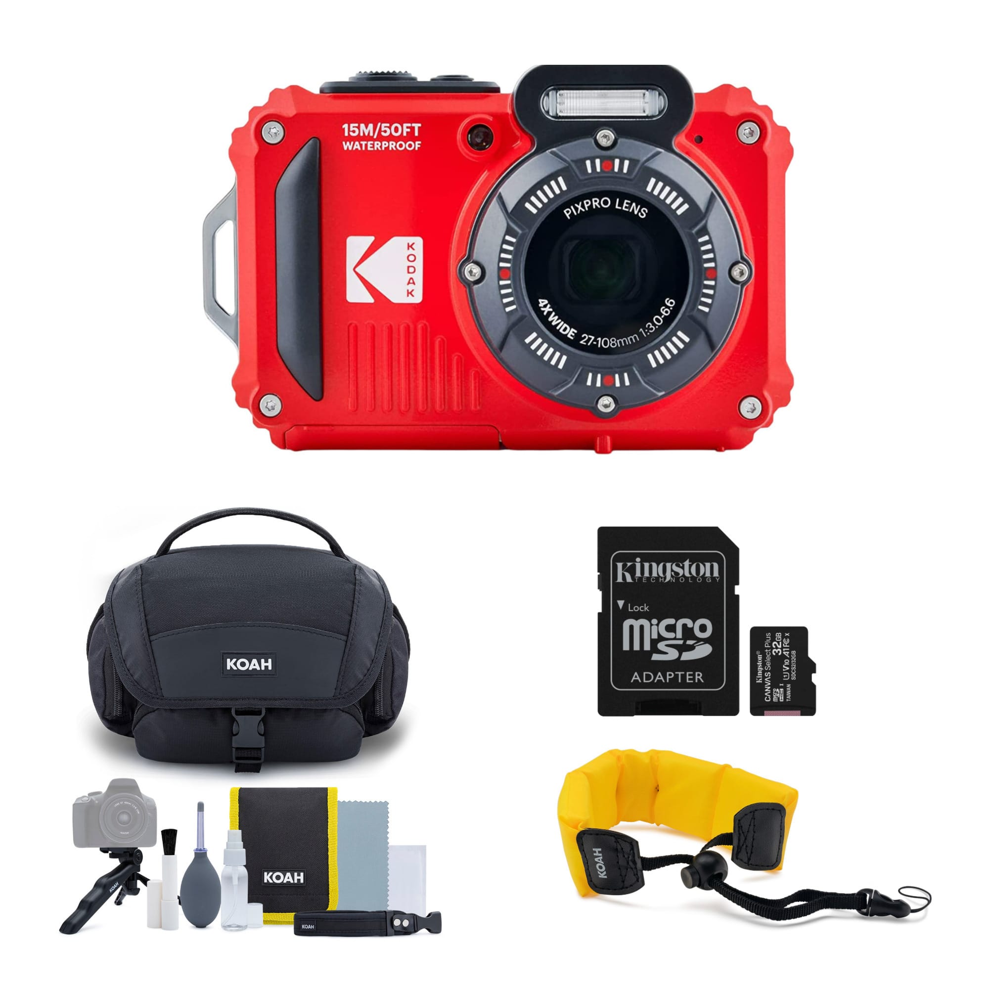 Kodak - Pixpro WPZ2 Waterproof Shockproof 16MP 4x 2.7-Inch LCD Camera Bundle - Red