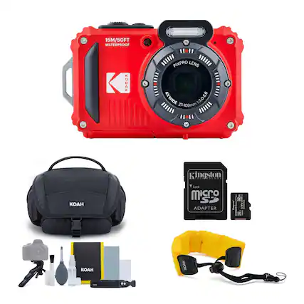 The image features a red Kodak Pixpro camera and its accessories. The camera is placed in the top left corner of the image. The accessories include a black bag, a yellow strap, a micro SD card, a waterproof case, and a lens adapter. The camera is waterproof and has a 4x wide lens, making it suitable for various outdoor activities. The accessories are arranged around the camera, showcasing the versatility and convenience of the camera setup.
