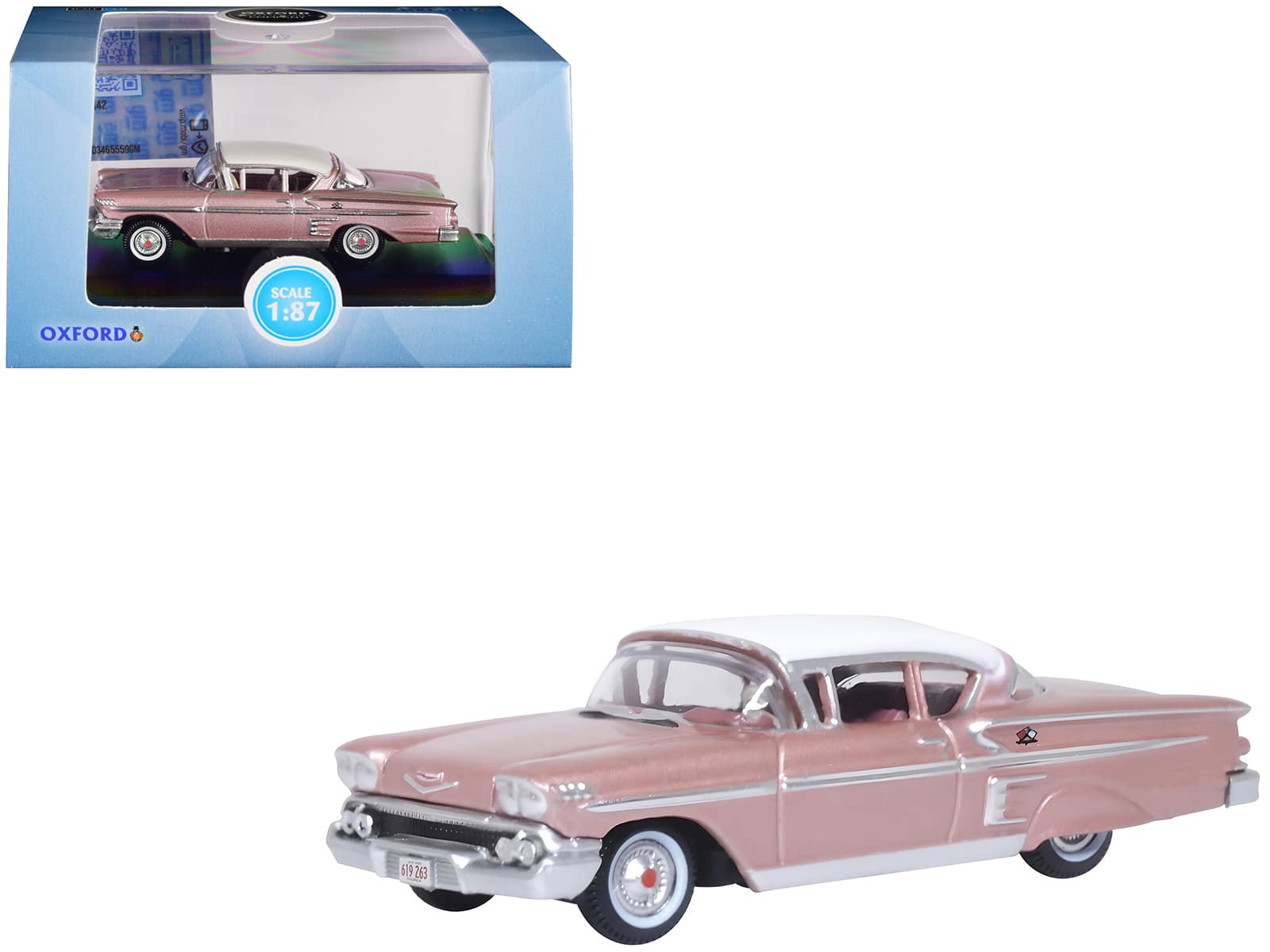 1958 Chevrolet Impala Sport Cay Coral Pink Metallic with White Top 1/87 (HO) Scale Diecast Model Car by Oxford Diecast price history on PriceWatchPro