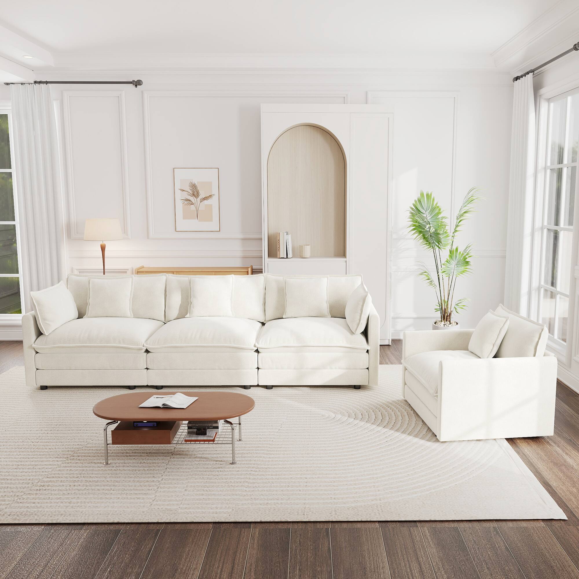 Angle. LOVMOR - 3 Piece Chenille Sofa Set Sectional Deep Seat Easy Assembly For Living Room Bedroom Apartment Plush Cozy TV XL - White.