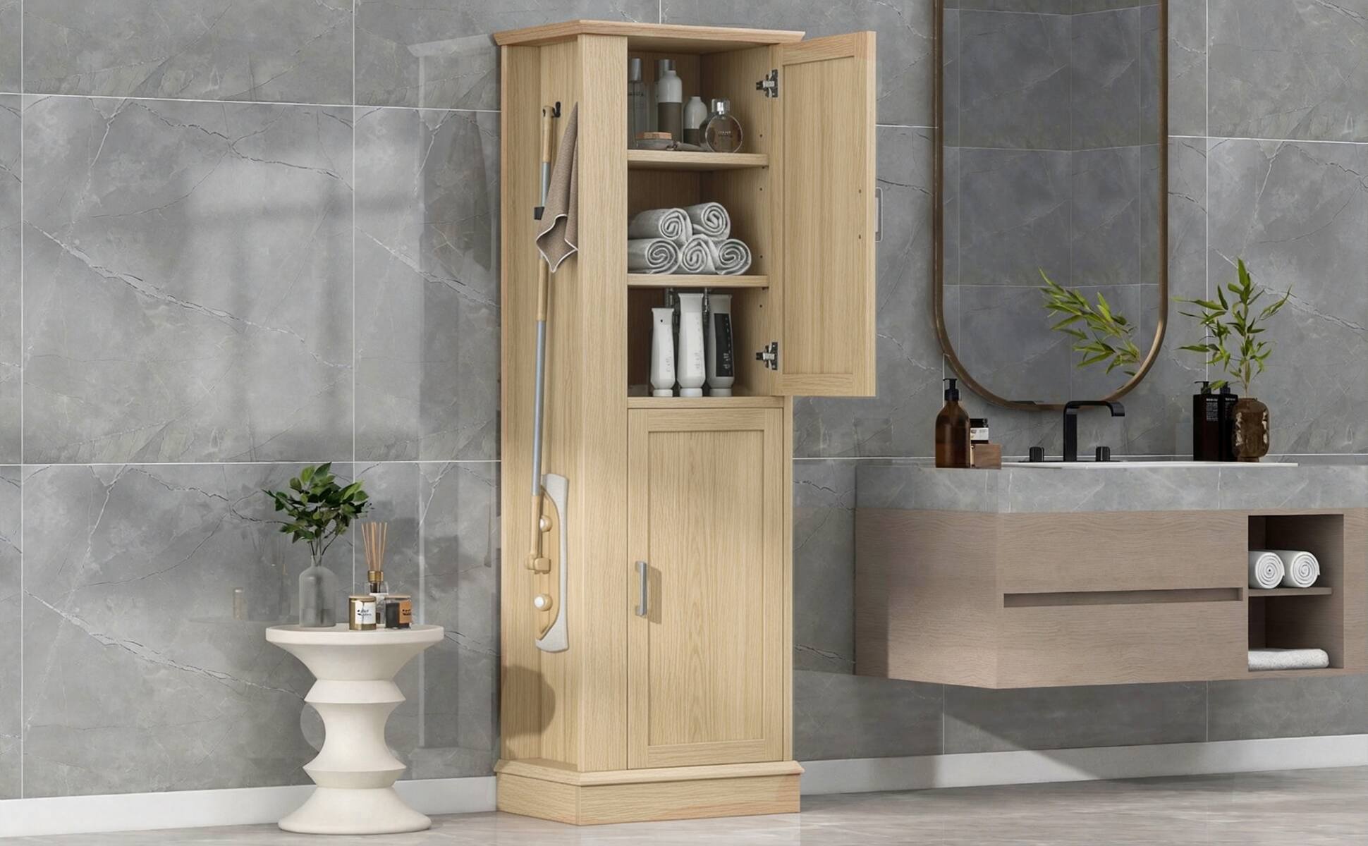 Alt View 2. Loheer - Loheer Tall Bathroom Storage Cabinet Freestanding Organizer with Adjustable Shelves and Hooks Natural MDF - Natural.