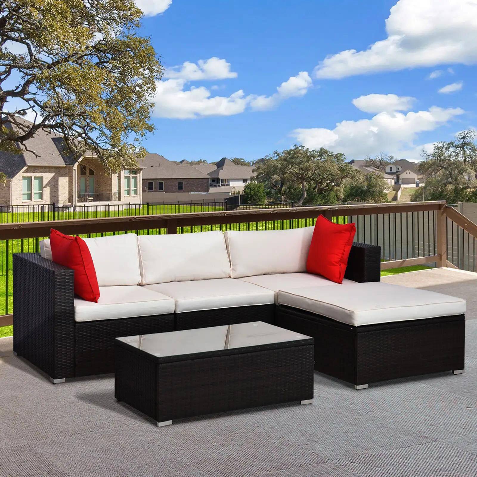 Left. Resenkos - Resenkos 5-Piece Rattan Patio Sectional Set, Brown and Cream white - Brown and Cream white.