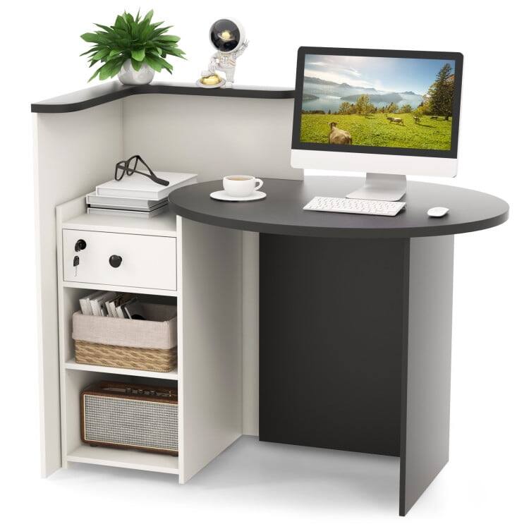 Angle. Kadyn - Front Reception Office Desk with Open Shelf and Lockable Drawer-Black & White, Home Office Desks, Gaming Computer Desks - Black.