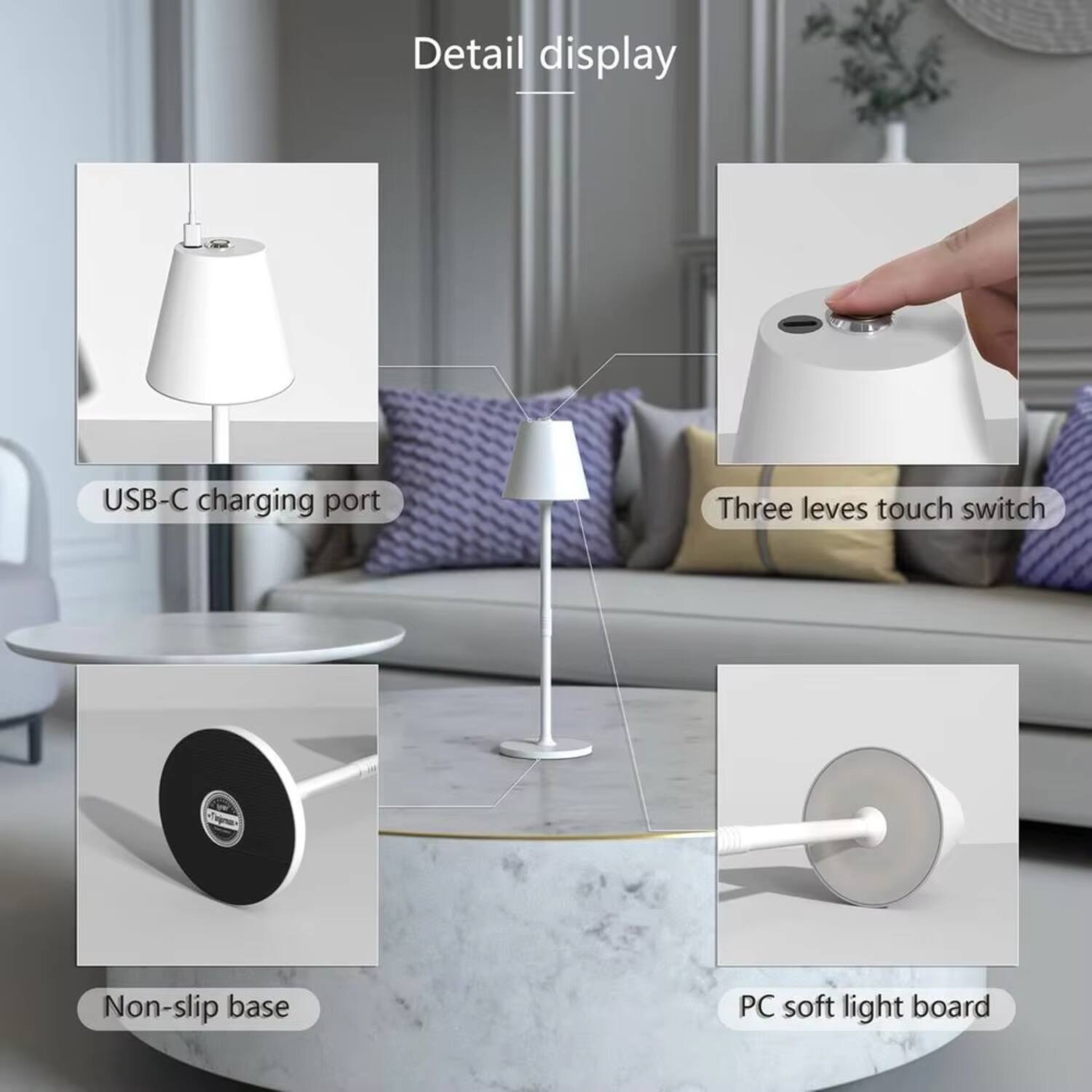Detail display  
- USB-C charging port  
- Three levels touch switch  
- Non-slip base  
- PC soft light board