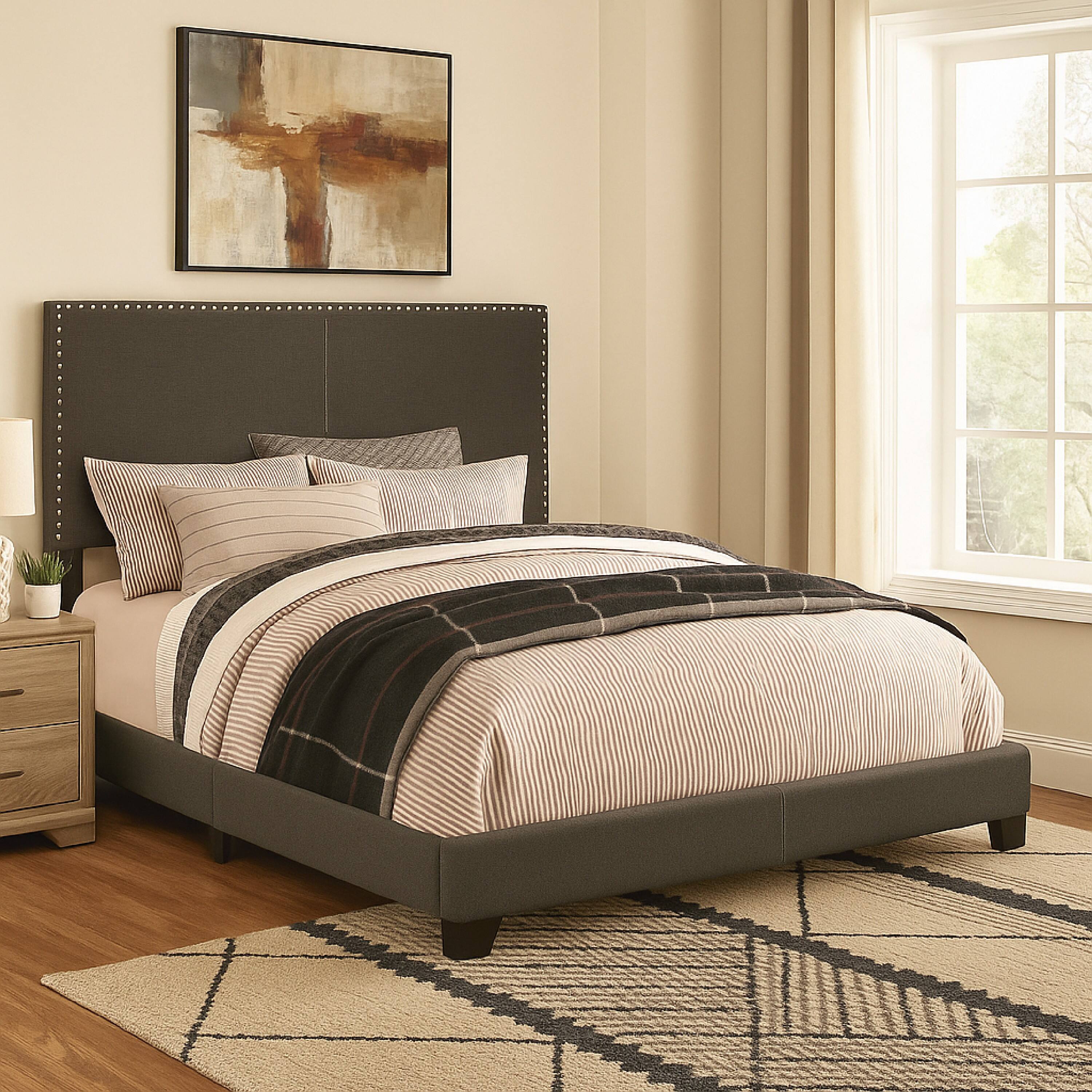 Alt View 5. Manhattan Lane - Fabric Upholstered Queen Size Platform Bed with Nail Head Trim, Charcoal Gray - Gray.