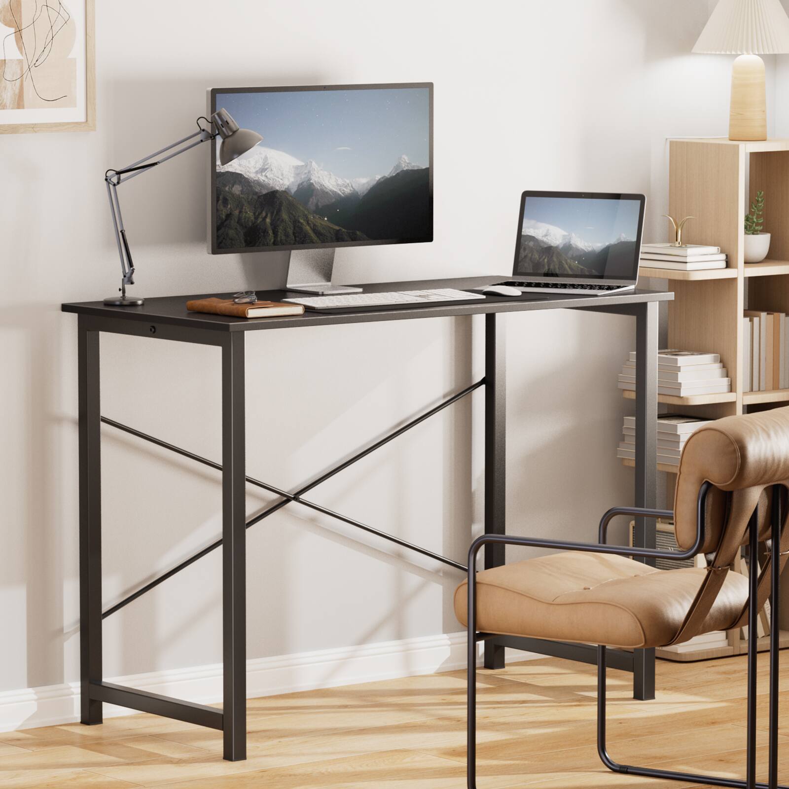 Angle. AENKYO - 40 inch Computer Desk with Charging Station and Storage Shelves - 59" Wide - Black.