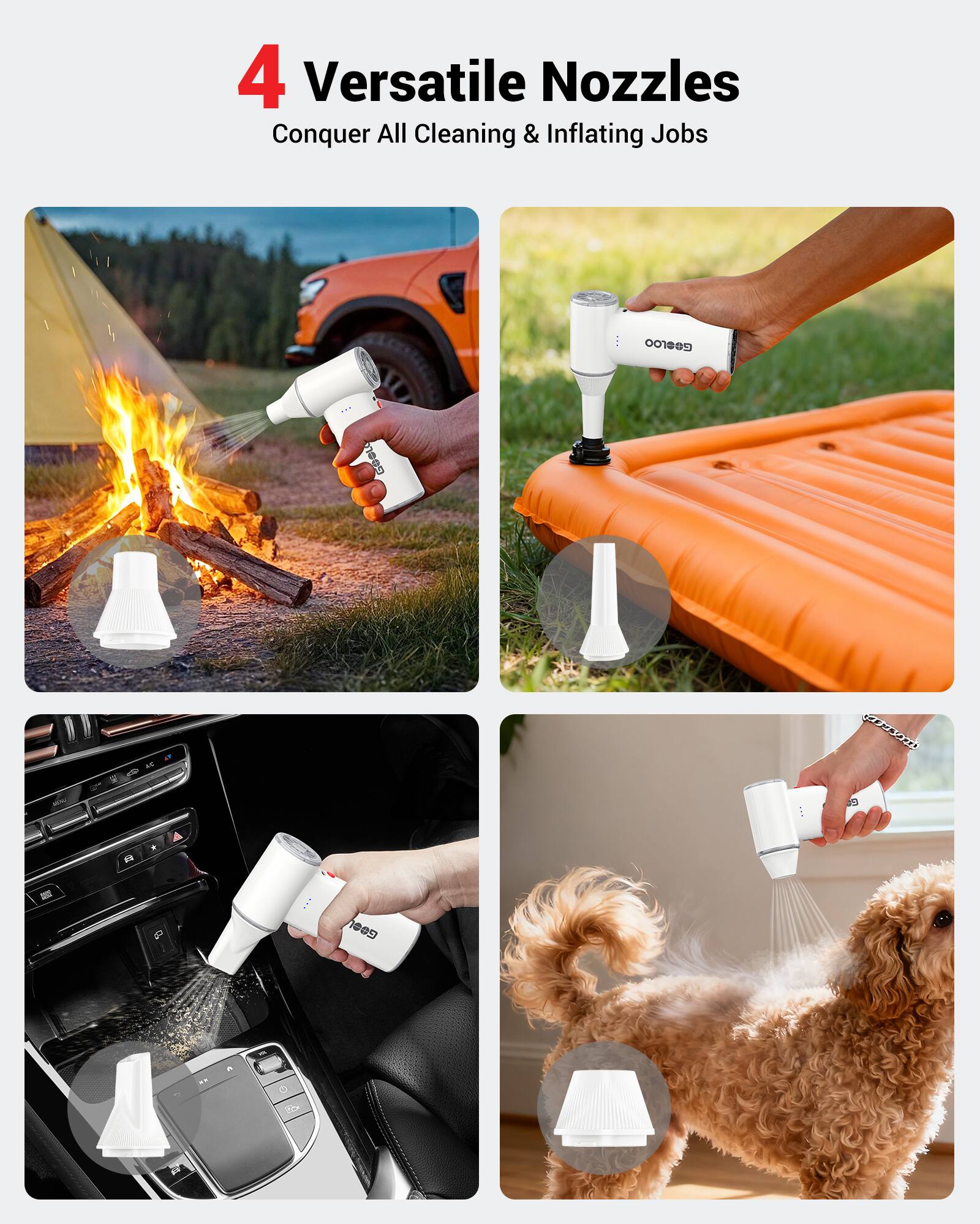 4 Versatile Nozzles Conquer All Cleaning & Inflating Jobs