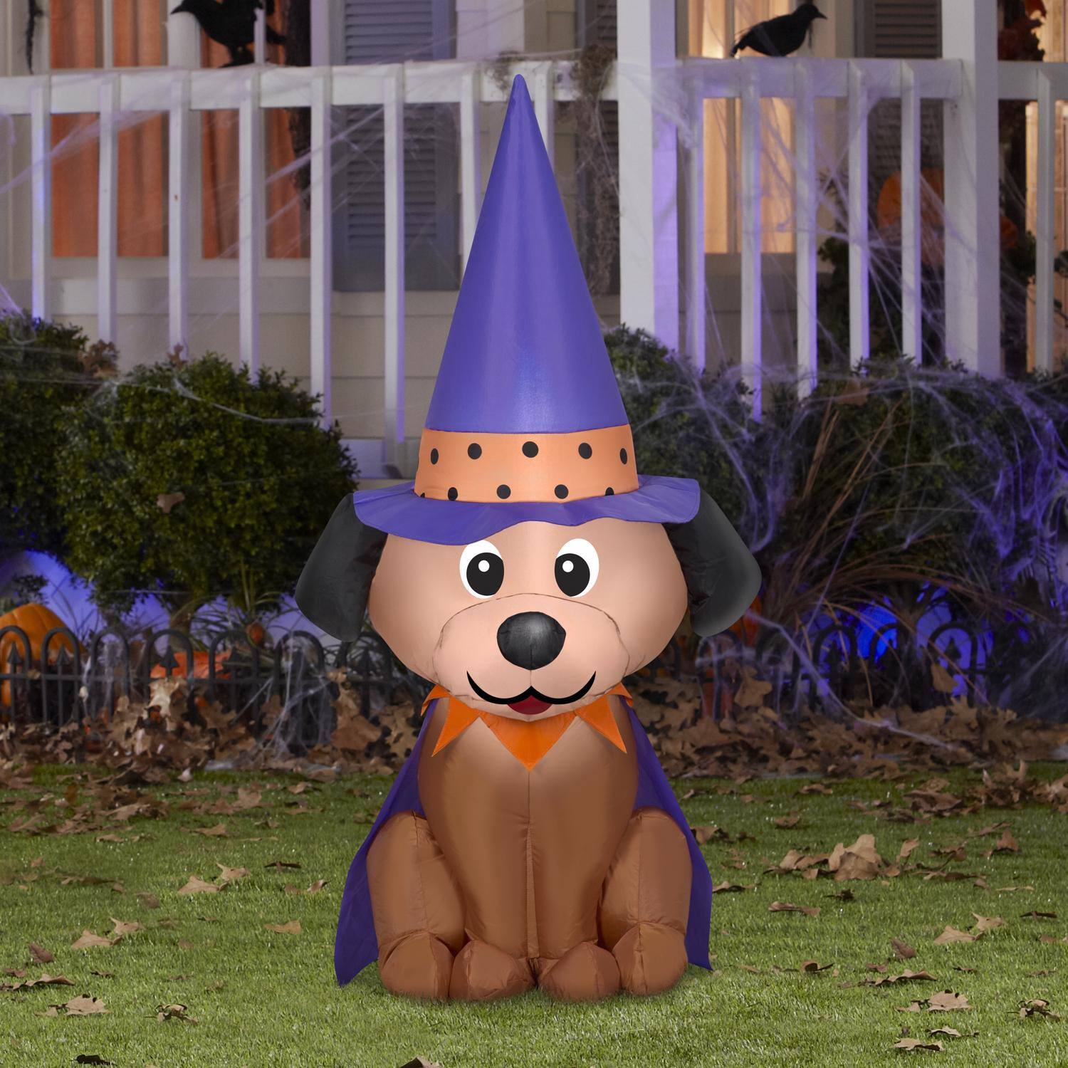 Left. Gemmy - Gemmy 4 ft. Prelit Halloween Inflatable Dog in Witch Hat Inflatable - Multicolored.