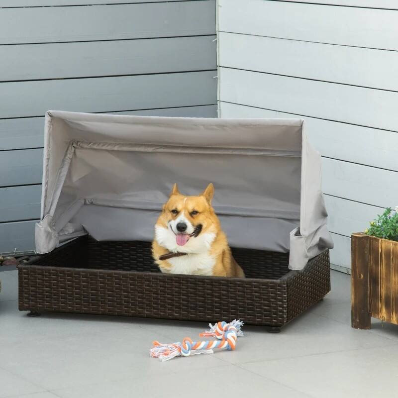 Angle. SlickBlue - Foldable Canopy Raised Dog Bed in Espresso Wicker with Thick Cushion - Brown.