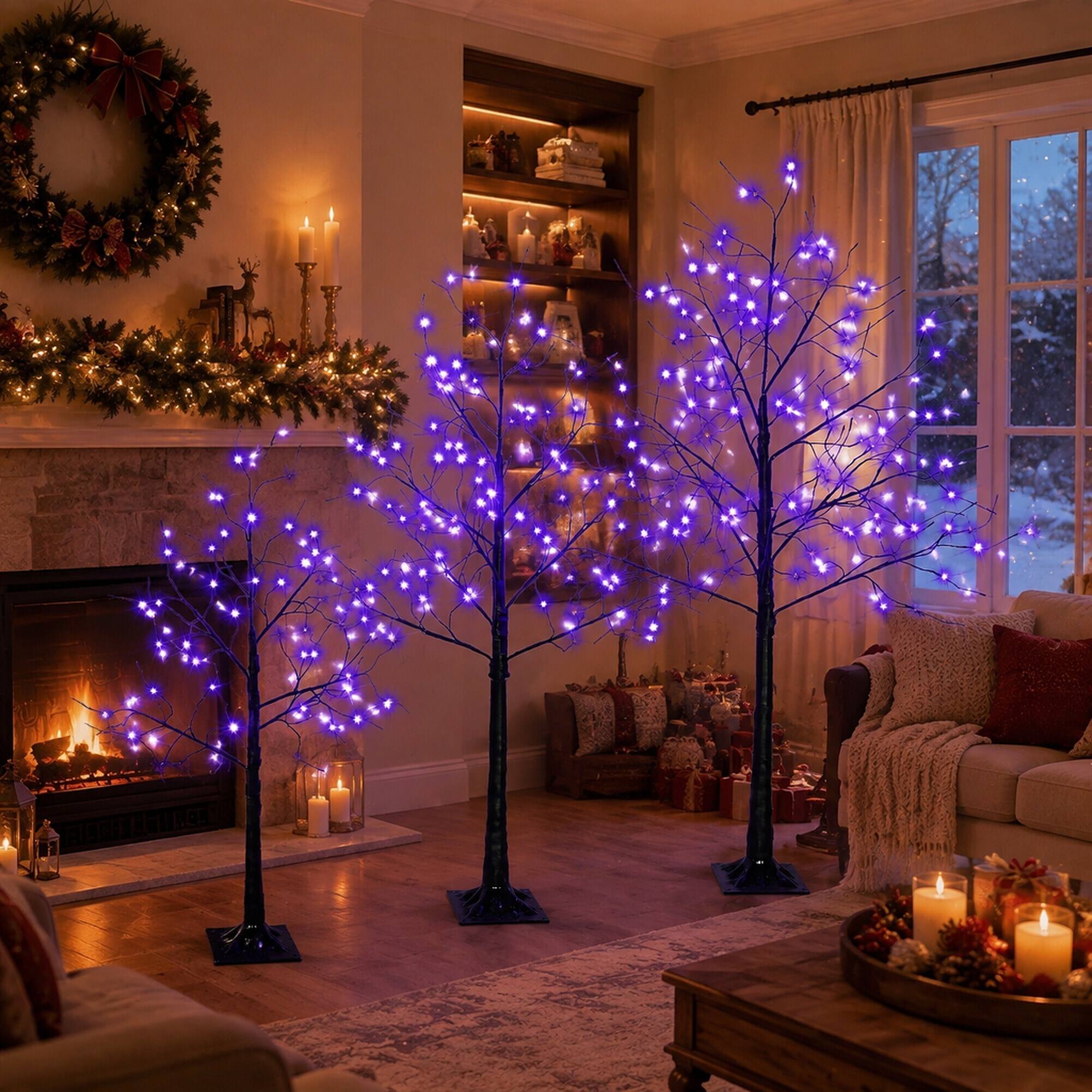 Left. RYHNUYNE - 3-Pack Black Christmas Tree Set, 4FT 5FT 6FT Sizes Purple LED Lights Lighted Xmas Holiday Decor - Black,Purple.