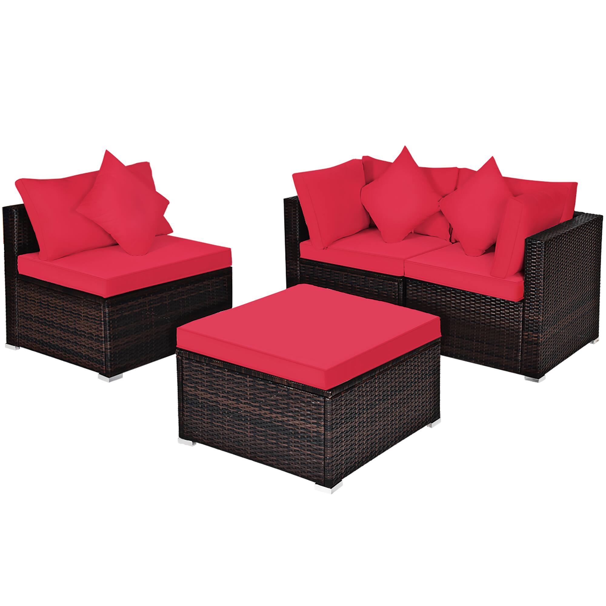 Left. Costway - 4PCS Patio Rattan Furniture Set Sofa Ottoman Cushion Garden Deck - Red.