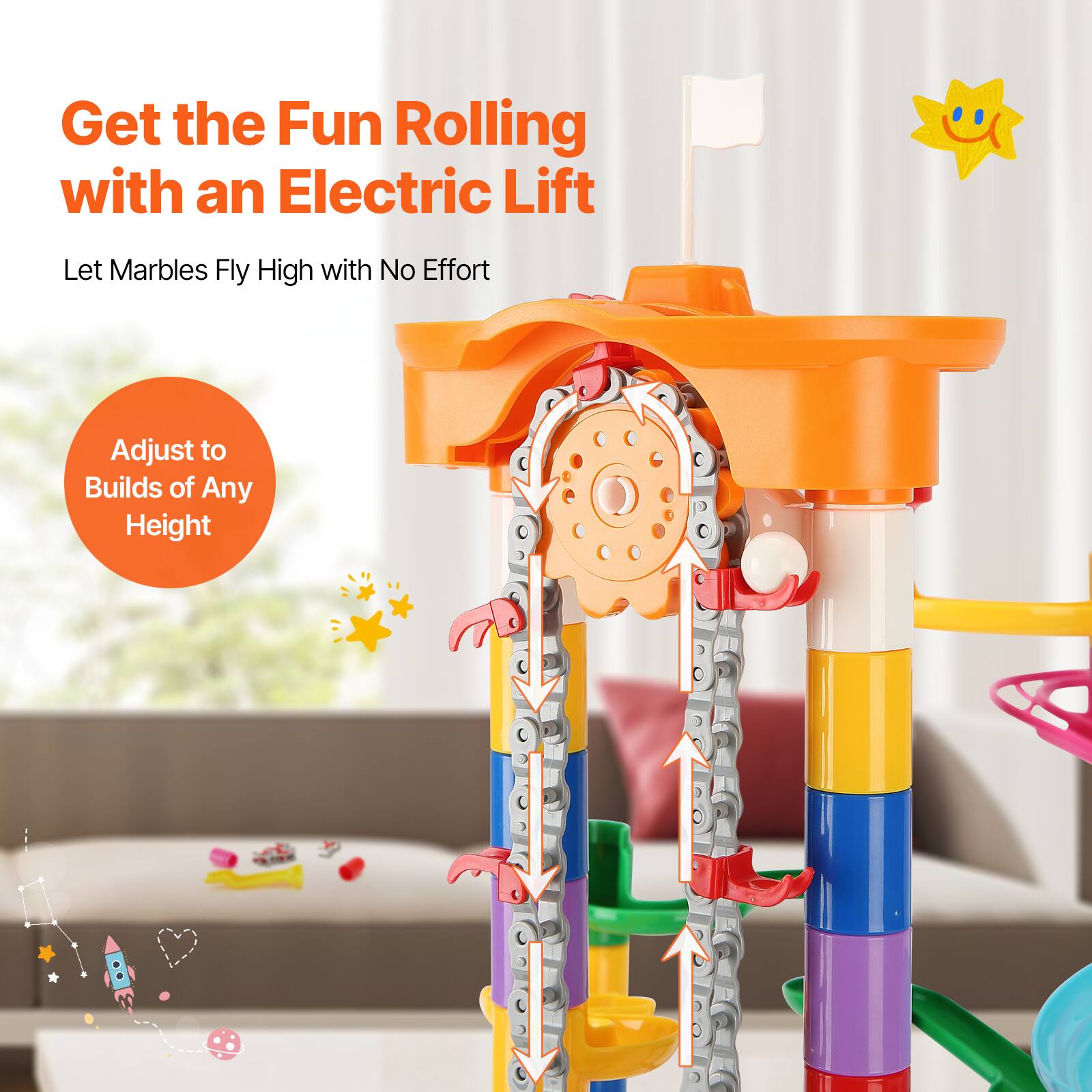 Get the Fun Rolling with an Electric Lift

Let Marbles Fly High with No Effort

Adjust to Builds of Any Height